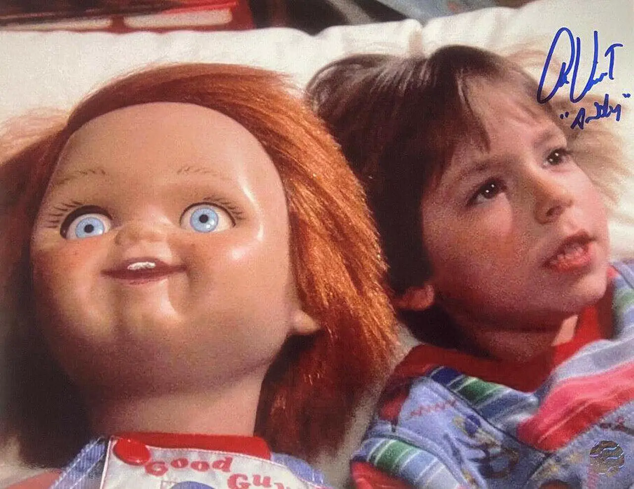 Main image of Alex Vincent signed Child's Play 8x10 Photo Andy with Chucky- AWM Hologram
