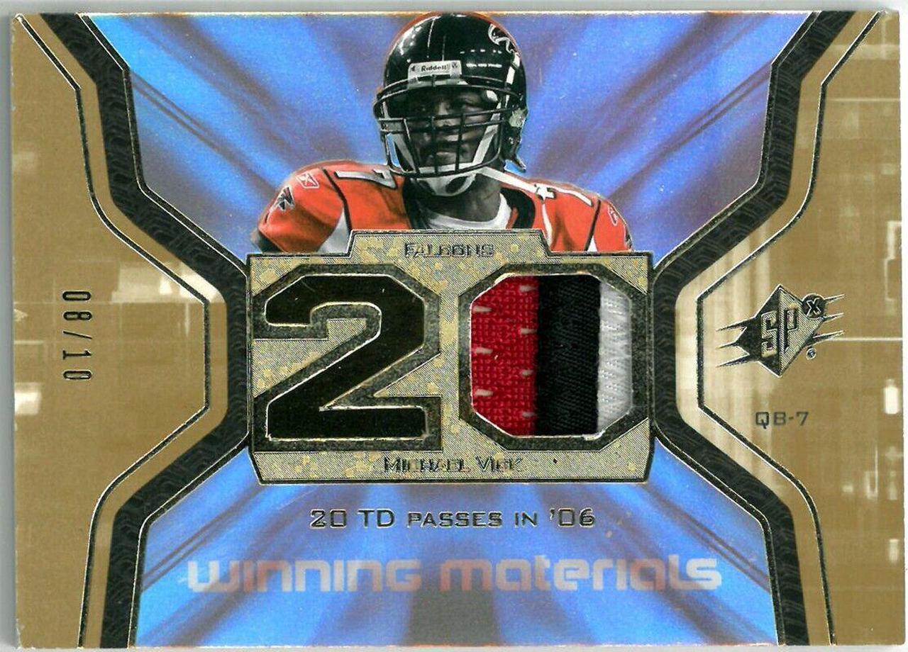 Main image of Michael Vick 2007 SPX Football Winning Materials Stats Patch Card #WMS-MV1- /10 (Atlanta Falcons)