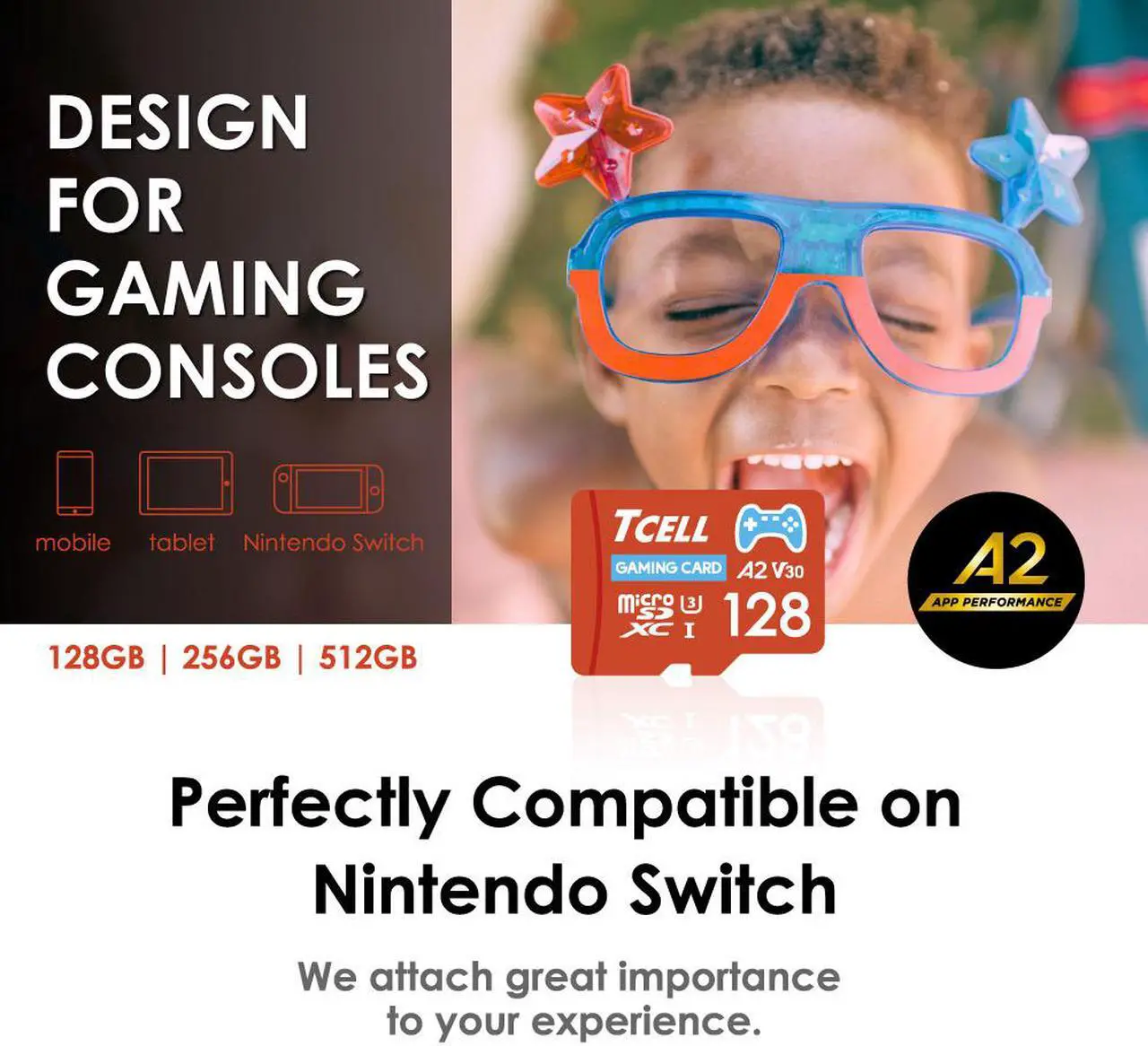 Alt view image 2 of 6 - TCELL Gaming 128GB microSDXC A2 USH-I U3 V30 Read 100MB/s Write 80MB/s Memory Card With Adapter, Designed for Gaming Console, Compatible with Nintendo Switch, Wii etc.
