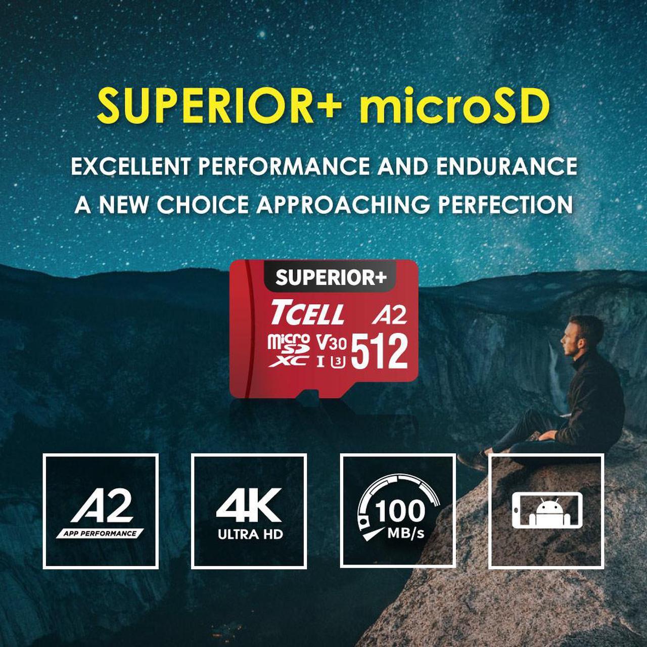 Alt view image 2 of 7 - TCELL SUPERIOR+ 512GB microSDXC A2 USH-I U3 V30 Read 100MB/s Write 85MB/s Full HD & 4K UHD Memory Card With Adapter