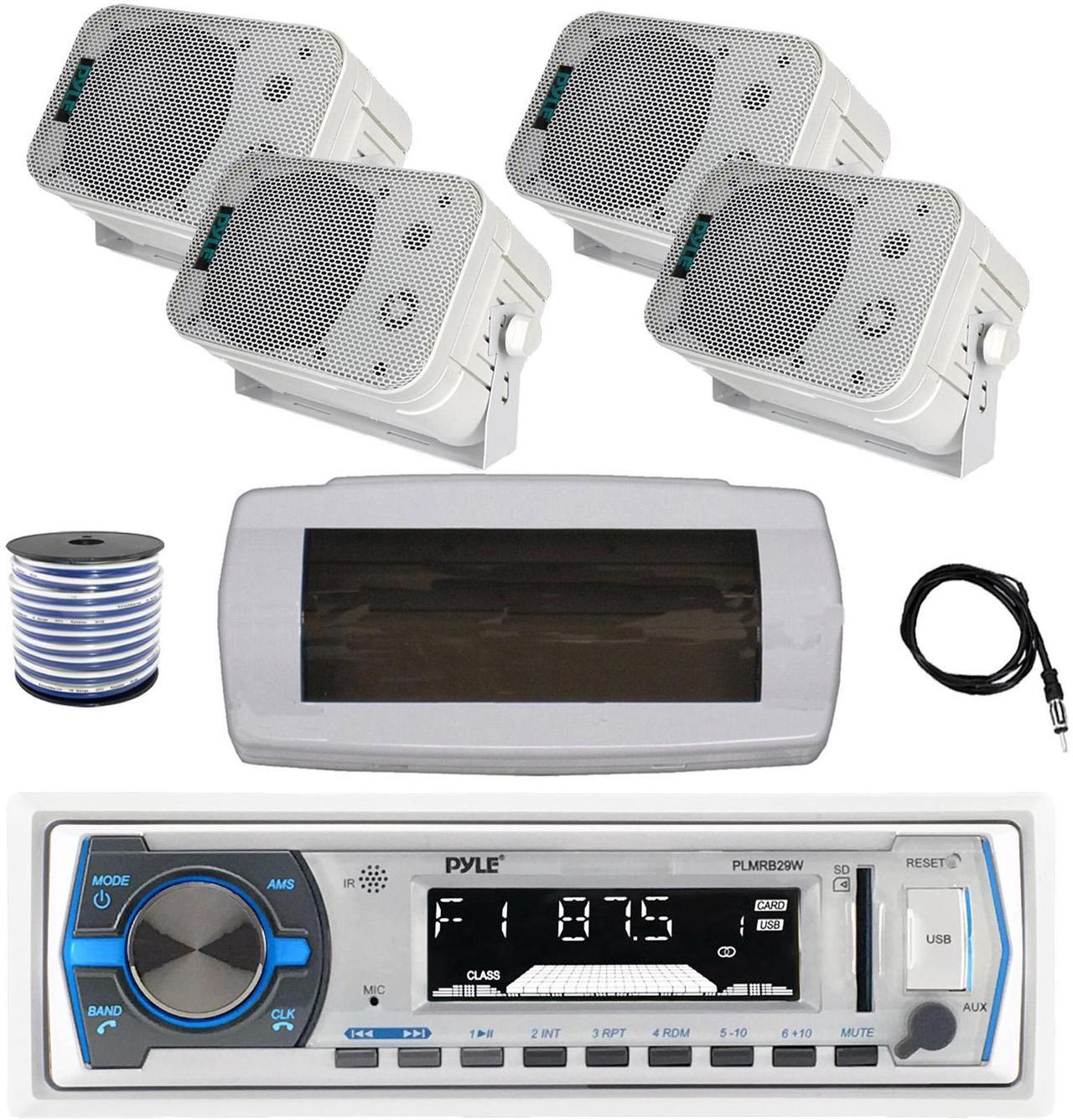 Main image of Pyle PLMRB29W Single DIN Bluetooth Marine MP3 AM/FM Stereo Receiver with White Cover, 22" Radio Antenna, Wire, 4x 5.25" 400W Max Indoor/Outdoor Waterproof Audio Speakers (White)