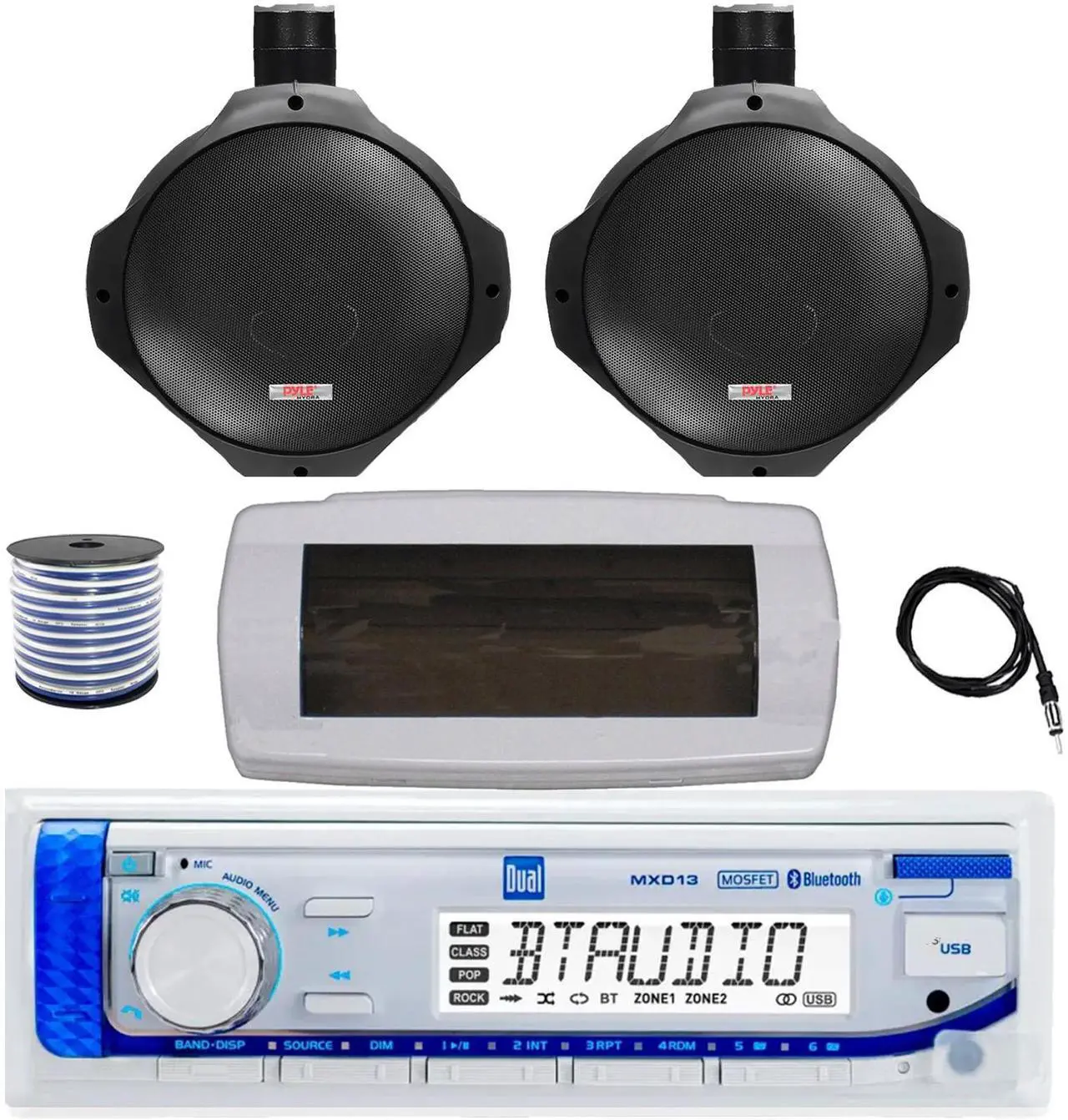 Main image of Dual MXD13 Single DIN Bluetooth Marine MP3 AM/FM Stereo Receiver with White Cover, 22" Radio Antenna, Wire, 2x 6.5" 200 Watt Peak Water Resistant Full Range Wakeboard Audio Speakers (Black)
