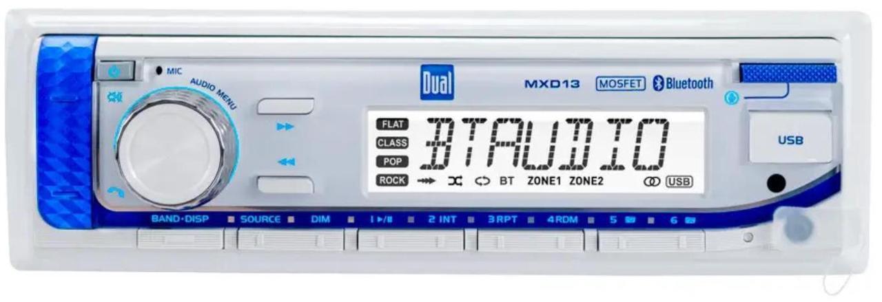 Alt view image 2 of 6 - Dual MXD13 Single DIN Bluetooth Marine MP3 AM/FM Stereo Receiver, White Cover, Long Range Antenna, Amplifier w/Kit, 4x 8'' 320 Watt Max  2-Way Blue Flashing LED Boat Speakers (White)