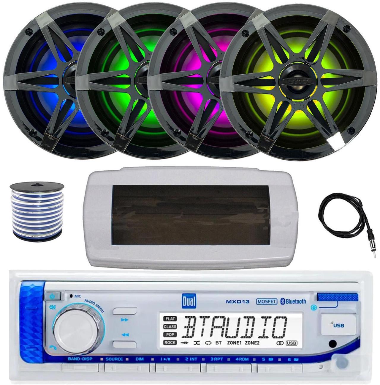 Main image of Dual MXD13 Single DIN Bluetooth Marine MP3 AM/FM Stereo Receiver with White Cover, 22" Radio Antenna, Wire, 4x 6.5" 120 Watt Peak Multicolor LED Boat Audio Speakers w/Chrome Grilles (Black)