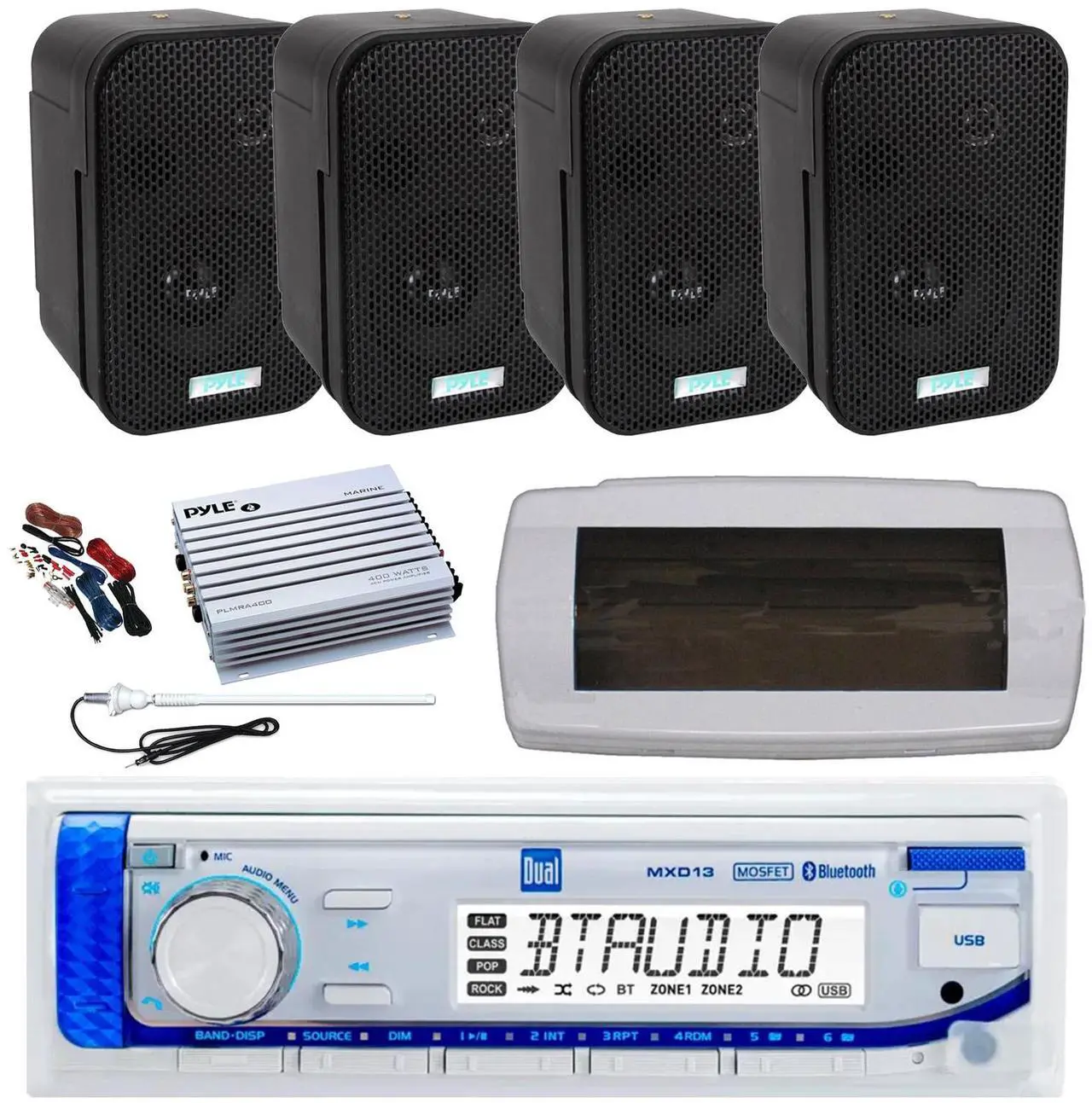 Main image of Dual MXD13 Single DIN Bluetooth Marine MP3 AM/FM Stereo Receiver with White Cover, Long Range Antenna, Amplifier w/Kit, 4x 3.5" 300W Max Indoor/Outdoor Waterproof Wall Mount Speakers (Black)