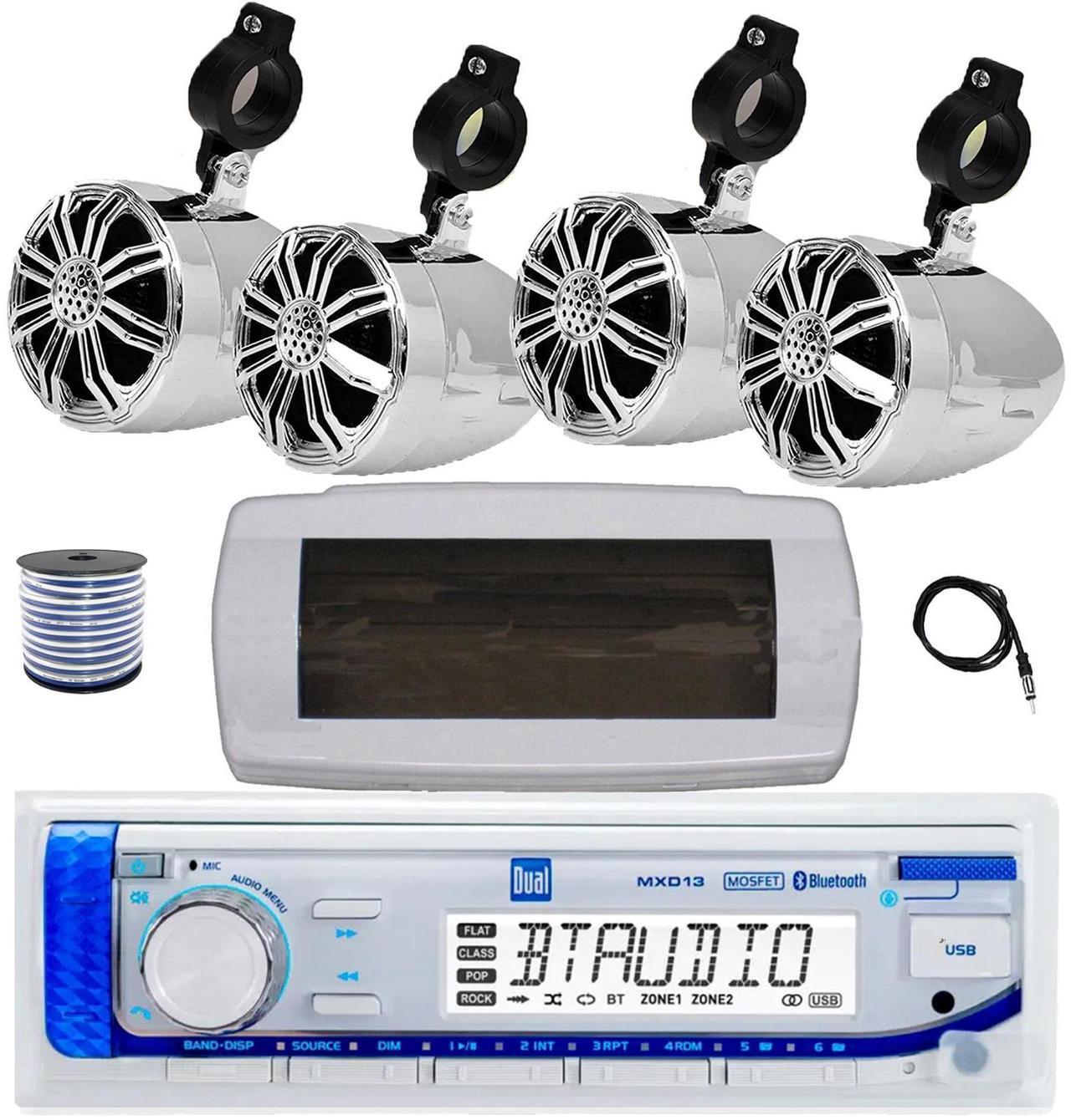 Main image of Dual MXD13 Single DIN Bluetooth Marine MP3 AM/FM Stereo Receiver with White Cover, 22" Radio Antenna, Wire, 4x 2.25" 10W Max Full Range Waterproof Off-Road Audio Speakers (Chrome)