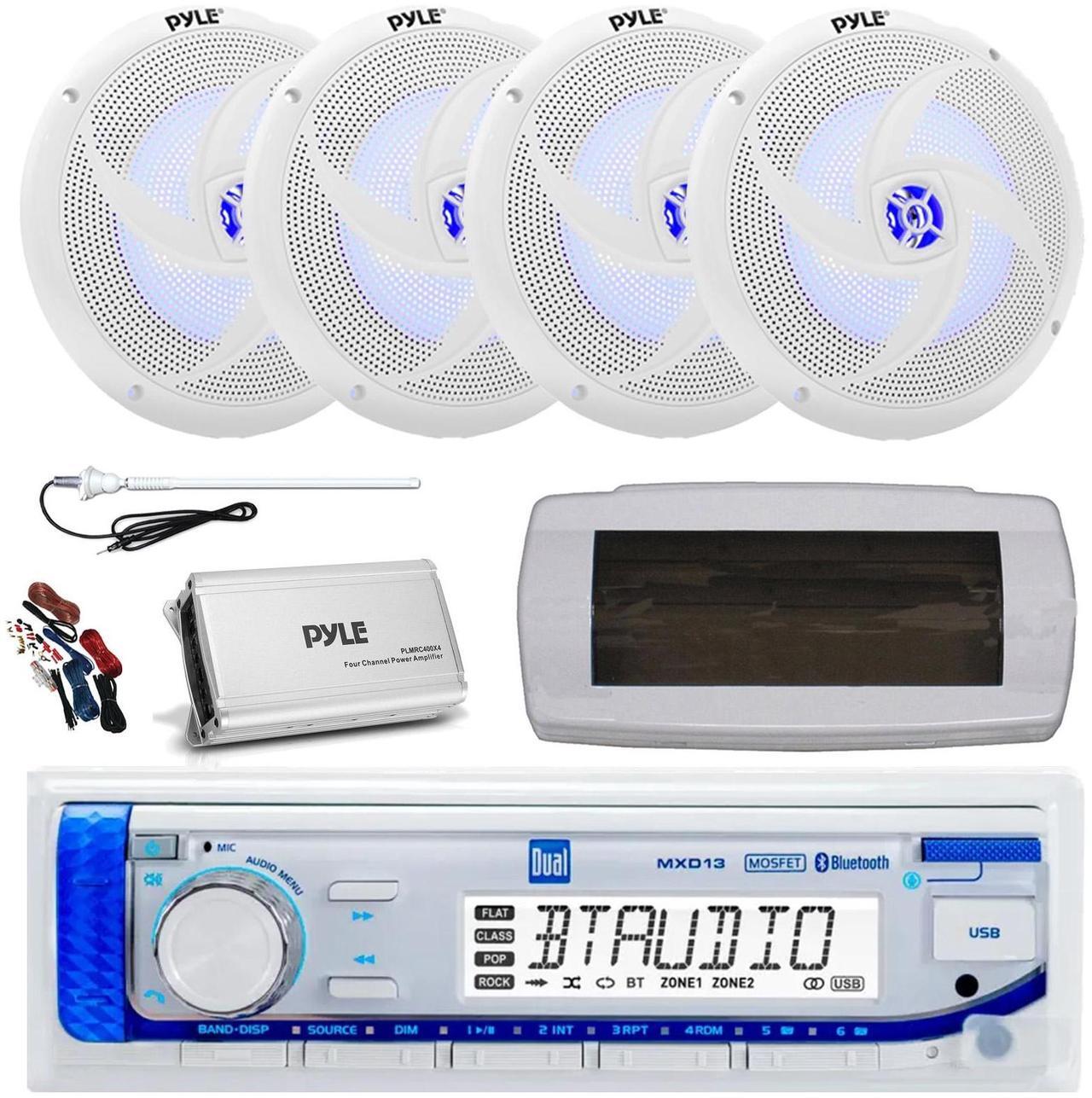 Main image of Dual MXD13 Single DIN Bluetooth Marine MP3 AM/FM Stereo Receiver, White Cover, Long Range Antenna, Amplifier w/Kit, 4x 8'' 320 Watt Max  2-Way Blue Flashing LED Boat Speakers (White)