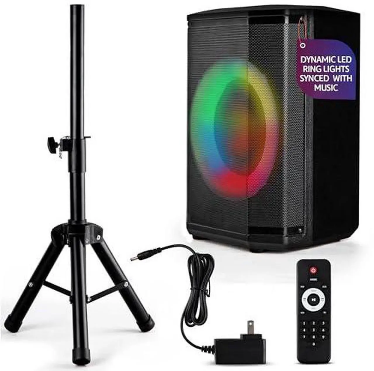 Main image of Pyle Portable Bluetooth Speaker with 8" Inch Woofer, TWS Function, Mic Input, USB/Micro SD/FM Radio, Colorful Ring Lights, 120W Rechargeable Battery, Tripod Stand, Hi-Fi Sound, Indoor/Outdoor Use