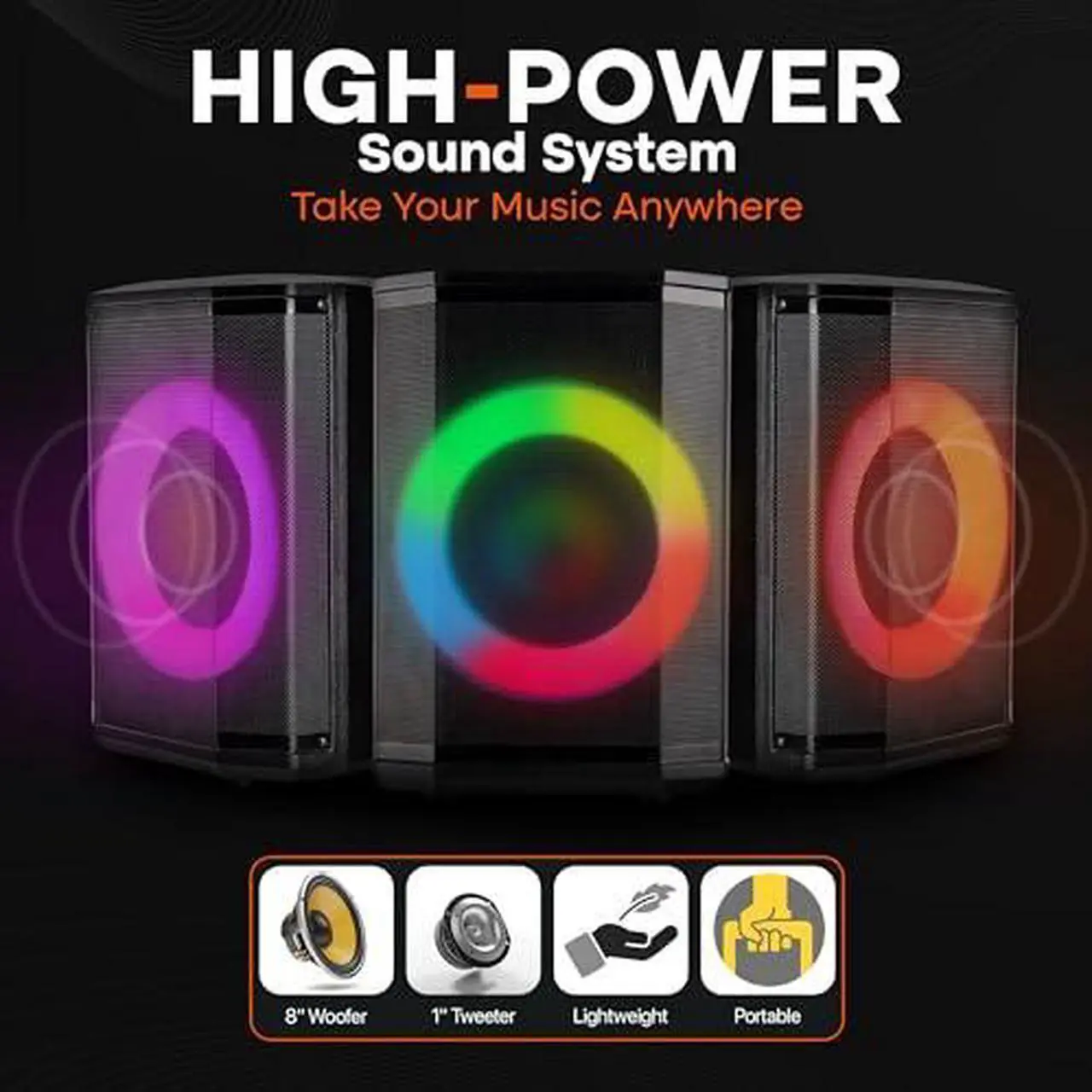 Alt view image 3 of 7 - Pyle Portable Bluetooth Speaker with 8" Inch Woofer, TWS Function, Mic Input, USB/Micro SD/FM Radio, Colorful Ring Lights, 120W Rechargeable Battery, Tripod Stand, Hi-Fi Sound, Indoor/Outdoor Use