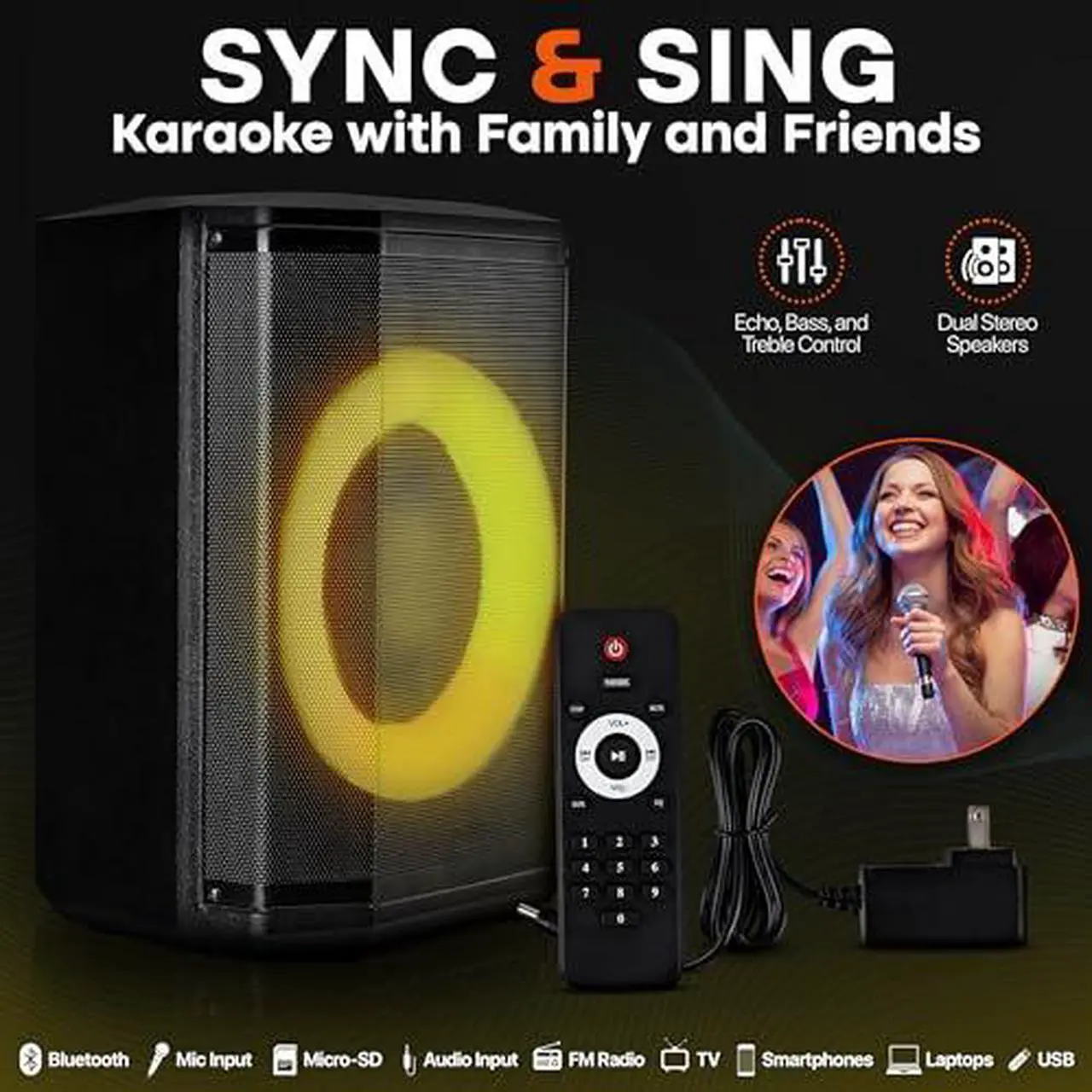 Alt view image 2 of 7 - Pyle Portable Bluetooth Speaker with 8" Inch Woofer, TWS Function, Mic Input, USB/Micro SD/FM Radio, Colorful Ring Lights, 120W Rechargeable Battery, Tripod Stand, Hi-Fi Sound, Indoor/Outdoor Use