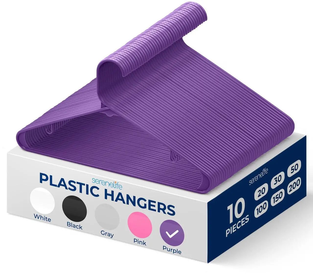 Main image of SereneLife 10-Pack Plastic Hangers, Non-Slip, Space-Saving Closet Organizers, Durable and Strong for Shirts, Sweaters, Hoodies, Kids Clothes & Dresses, Ultra-Thin, Lightweight - Purple
