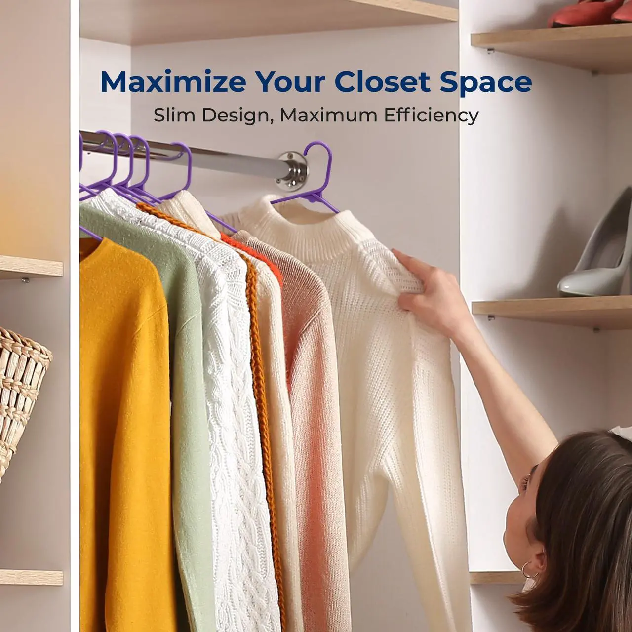 Alt view image 4 of 7 - SereneLife 10-Pack Plastic Hangers, Non-Slip, Space-Saving Closet Organizers, Durable and Strong for Shirts, Sweaters, Hoodies, Kids Clothes & Dresses, Ultra-Thin, Lightweight - Purple