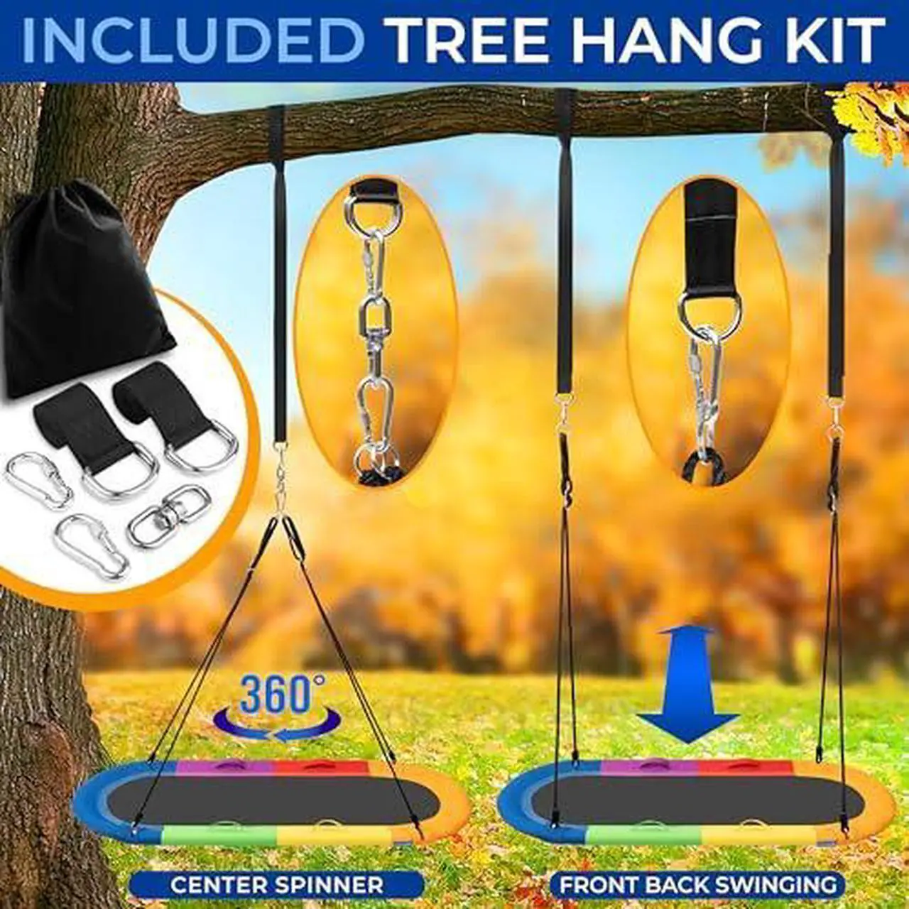 Alt view image 2 of 7 - SereneLife 67" Oval Saucer Swing - Giant Outdoor Swing Set with Universal Hanging Kit, Swinging Seat Spinner with Pillow & Carry Bag, Weatherproof, Water-Resistant, Supports Up to 700 lbs, Rainbow