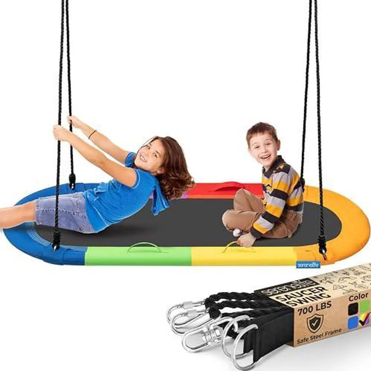 Main image of SereneLife 67" Oval Saucer Swing - Giant Outdoor Swing Set with Universal Hanging Kit, Swinging Seat Spinner with Pillow & Carry Bag, Weatherproof, Water-Resistant, Supports Up to 700 lbs, Rainbow