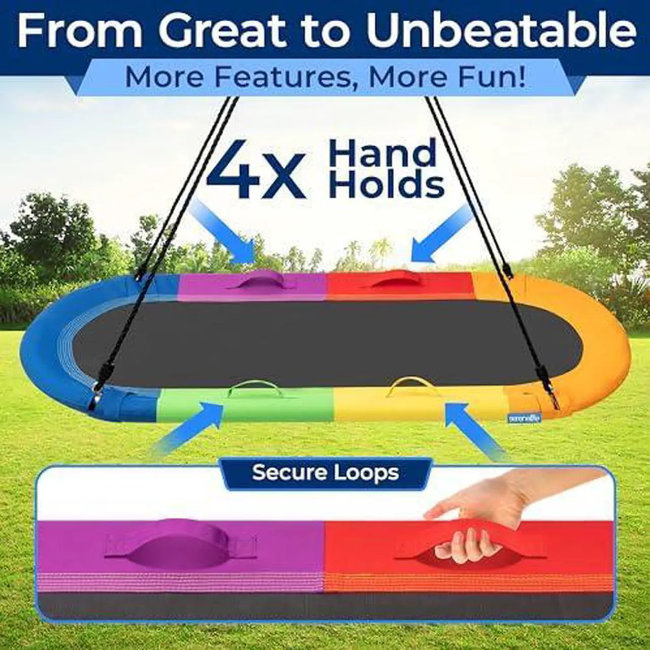Alt view image 3 of 7 - SereneLife 67" Oval Saucer Swing - Giant Outdoor Swing Set with Universal Hanging Kit, Swinging Seat Spinner with Pillow & Carry Bag, Weatherproof, Water-Resistant, Supports Up to 700 lbs, Rainbow