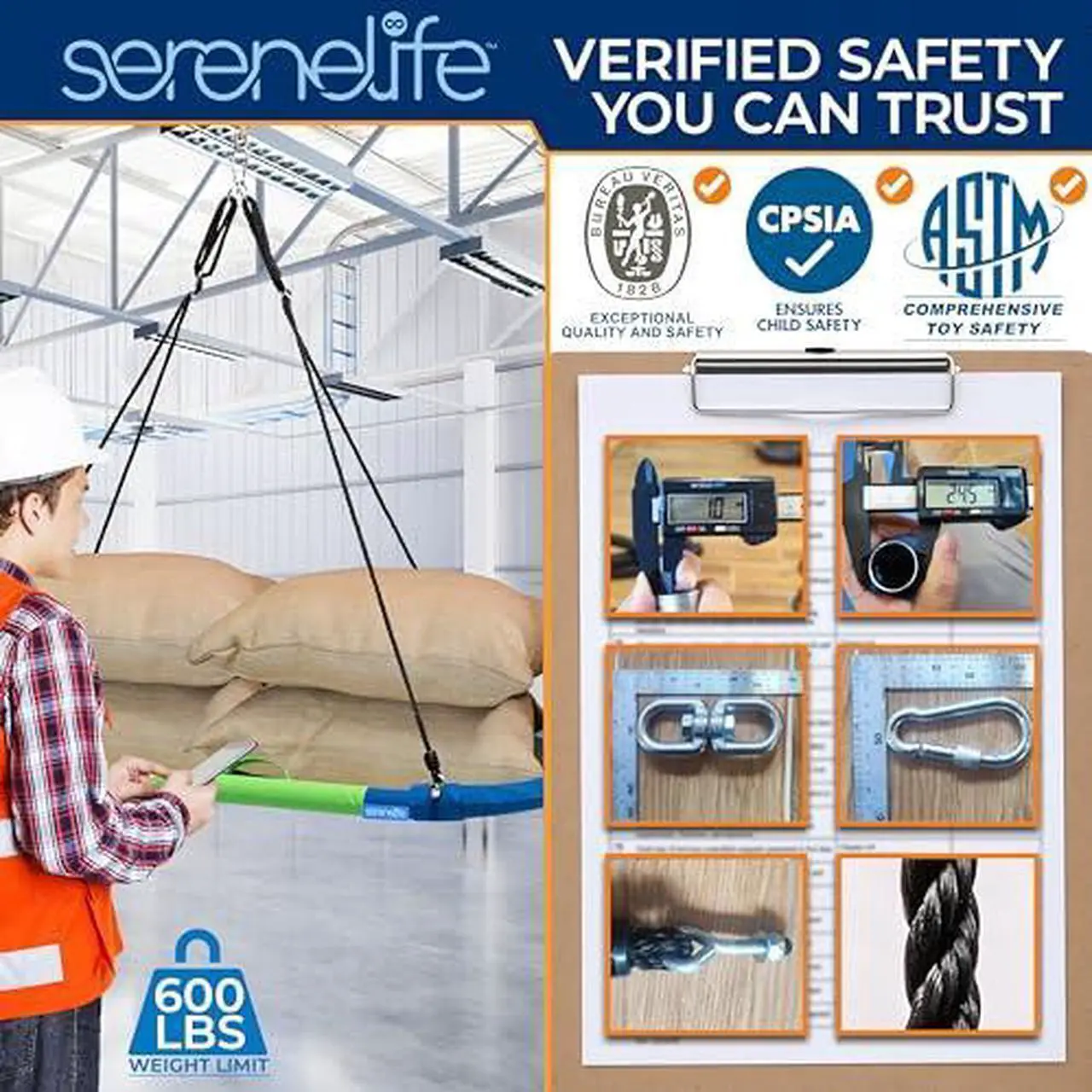 Alt view image 4 of 7 - SereneLife 67" Oval Saucer Swing - Giant Outdoor Swing Set with Universal Hanging Kit, Swinging Seat Spinner with Pillow & Carry Bag, Weatherproof, Water-Resistant, Supports Up to 700 lbs, Rainbow