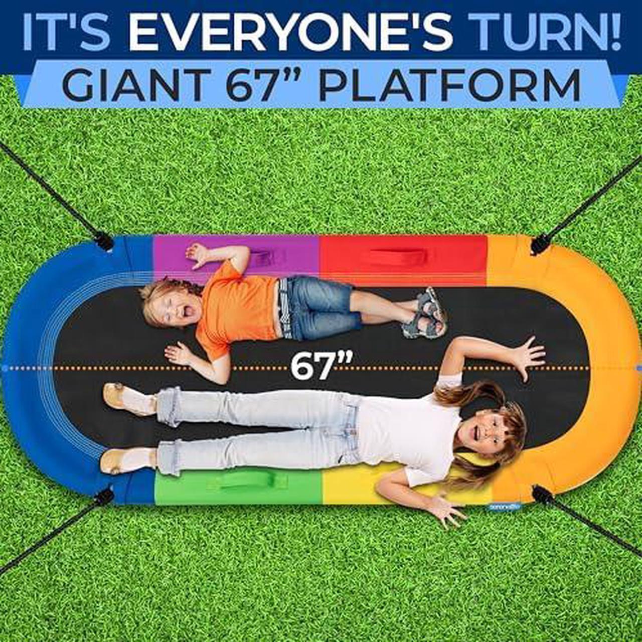 Alt view image 7 of 7 - SereneLife 67" Oval Saucer Swing - Giant Outdoor Swing Set with Universal Hanging Kit, Swinging Seat Spinner with Pillow & Carry Bag, Weatherproof, Water-Resistant, Supports Up to 700 lbs, Rainbow