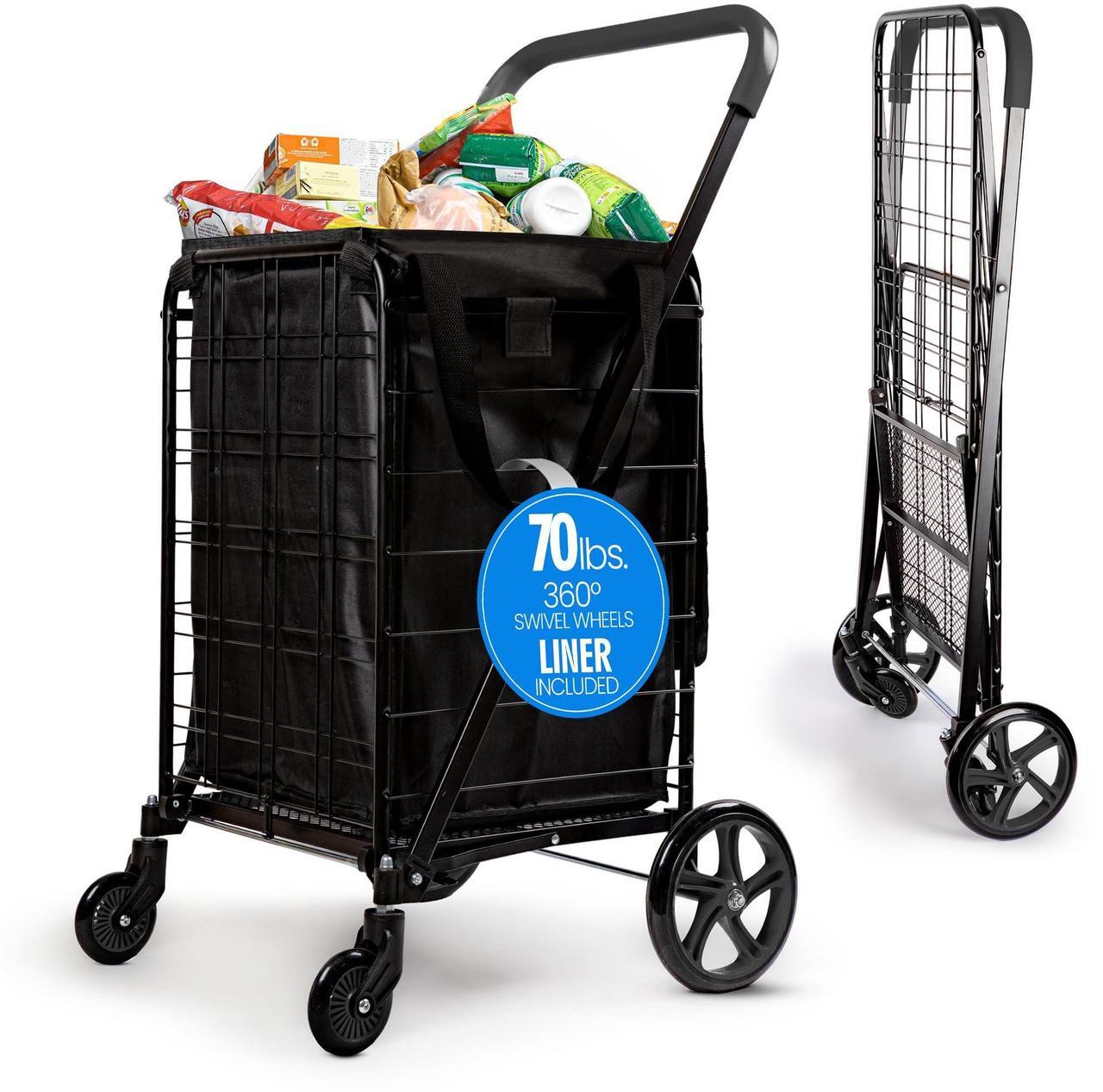 Main image of SereneLife Small Foldable Shopping Cart with Cart Liner - 17.72" x 21" x 36.6" Collapsible Grocery Cart with 70 lbs. Capacity, Removable and Weatherproof Cart Liner, 360° Swivel Wheels (Black)