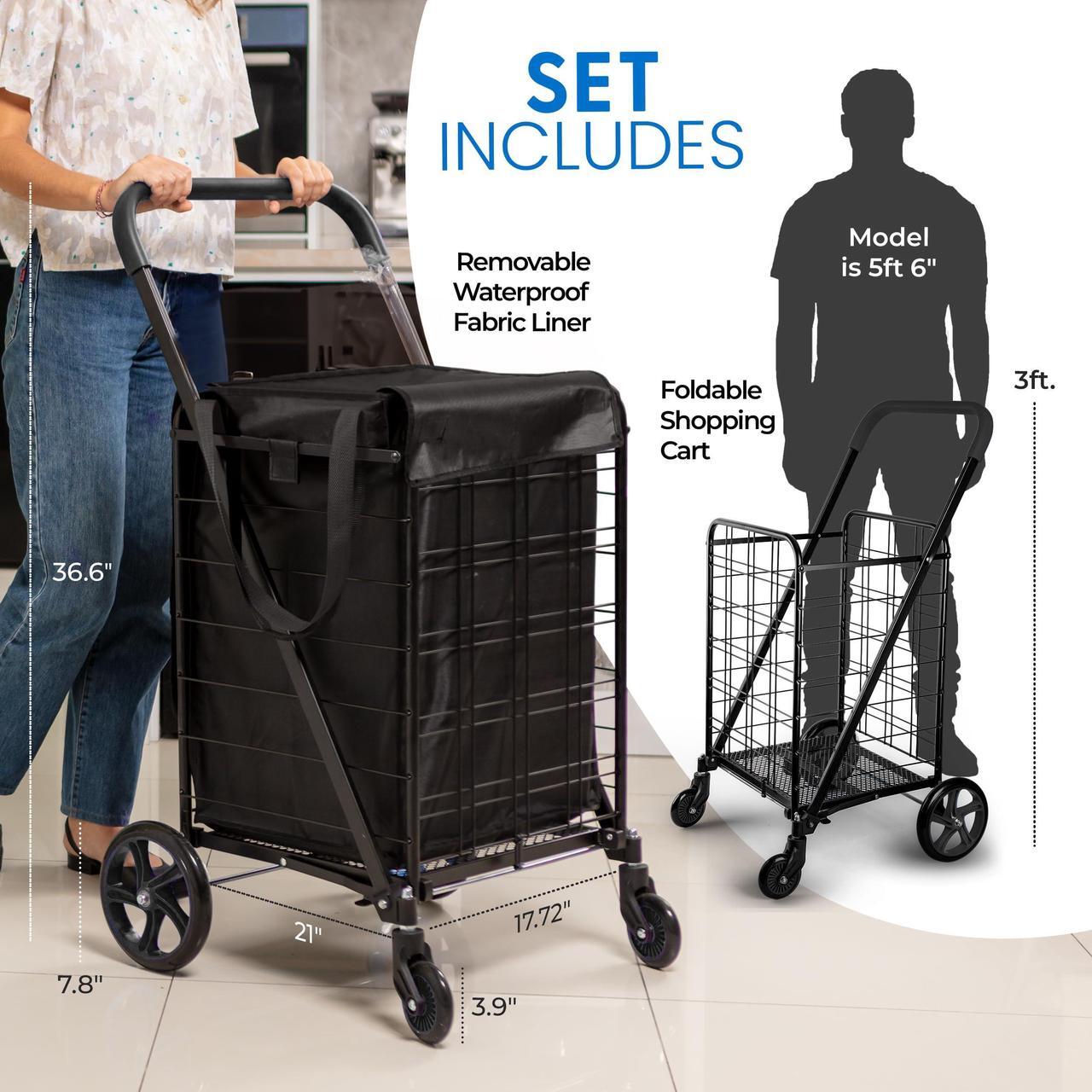 Alt view image 2 of 7 - SereneLife Small Foldable Shopping Cart with Cart Liner - 17.72" x 21" x 36.6" Collapsible Grocery Cart with 70 lbs. Capacity, Removable and Weatherproof Cart Liner, 360° Swivel Wheels (Black)