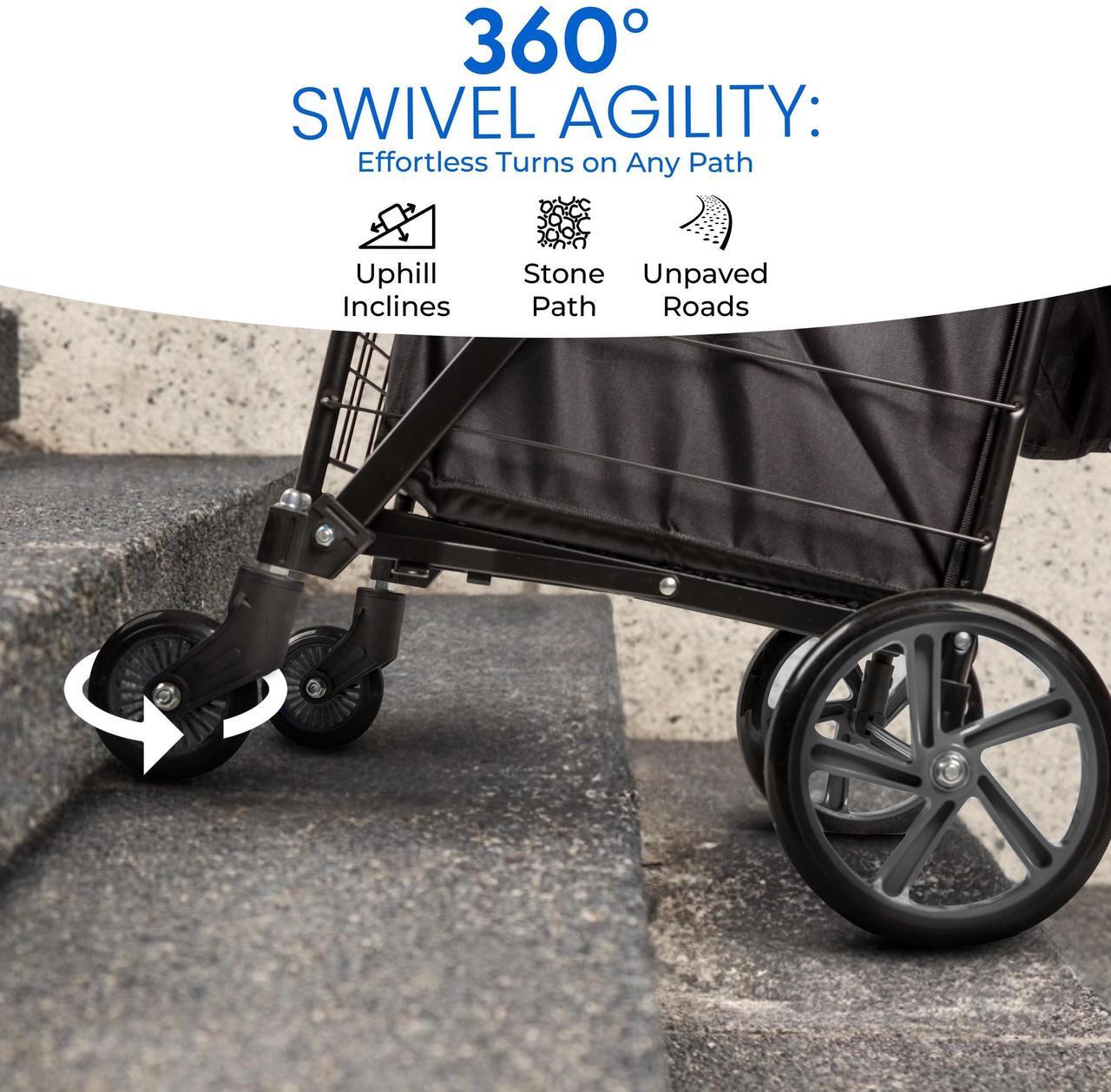 Alt view image 4 of 7 - SereneLife Small Foldable Shopping Cart with Cart Liner - 17.72" x 21" x 36.6" Collapsible Grocery Cart with 70 lbs. Capacity, Removable and Weatherproof Cart Liner, 360° Swivel Wheels (Black)