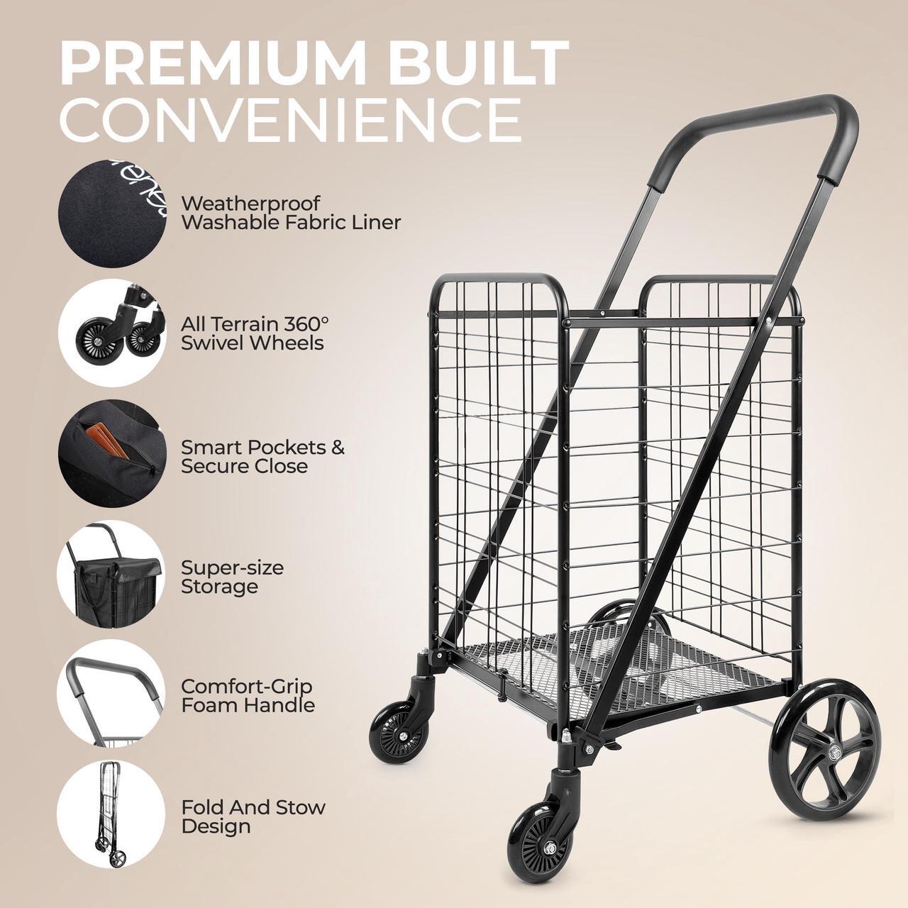 Alt view image 7 of 7 - SereneLife Small Foldable Shopping Cart with Cart Liner - 17.72" x 21" x 36.6" Collapsible Grocery Cart with 70 lbs. Capacity, Removable and Weatherproof Cart Liner, 360° Swivel Wheels (Black)