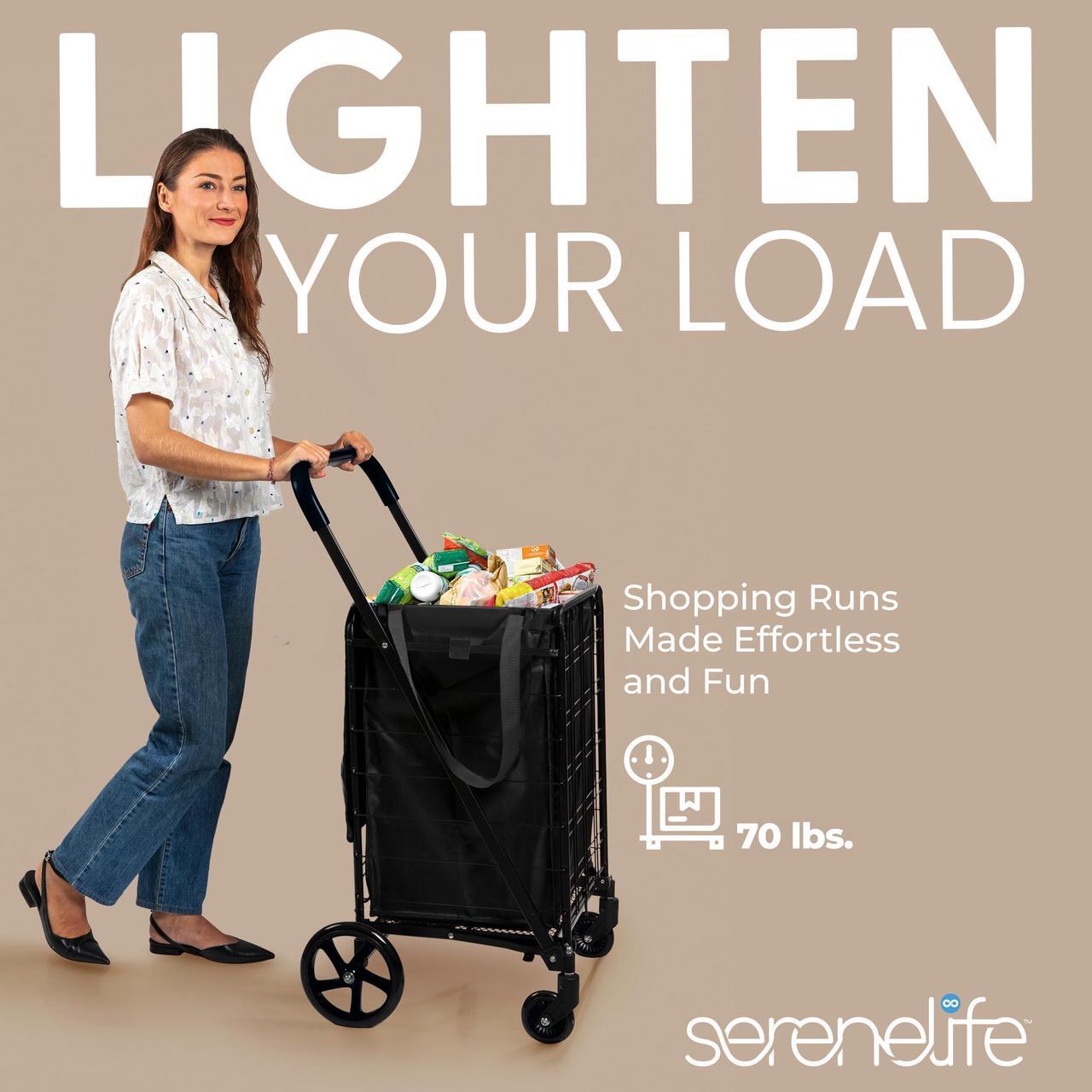 Alt view image 6 of 7 - SereneLife Small Foldable Shopping Cart with Cart Liner - 17.72" x 21" x 36.6" Collapsible Grocery Cart with 70 lbs. Capacity, Removable and Weatherproof Cart Liner, 360° Swivel Wheels (Black)