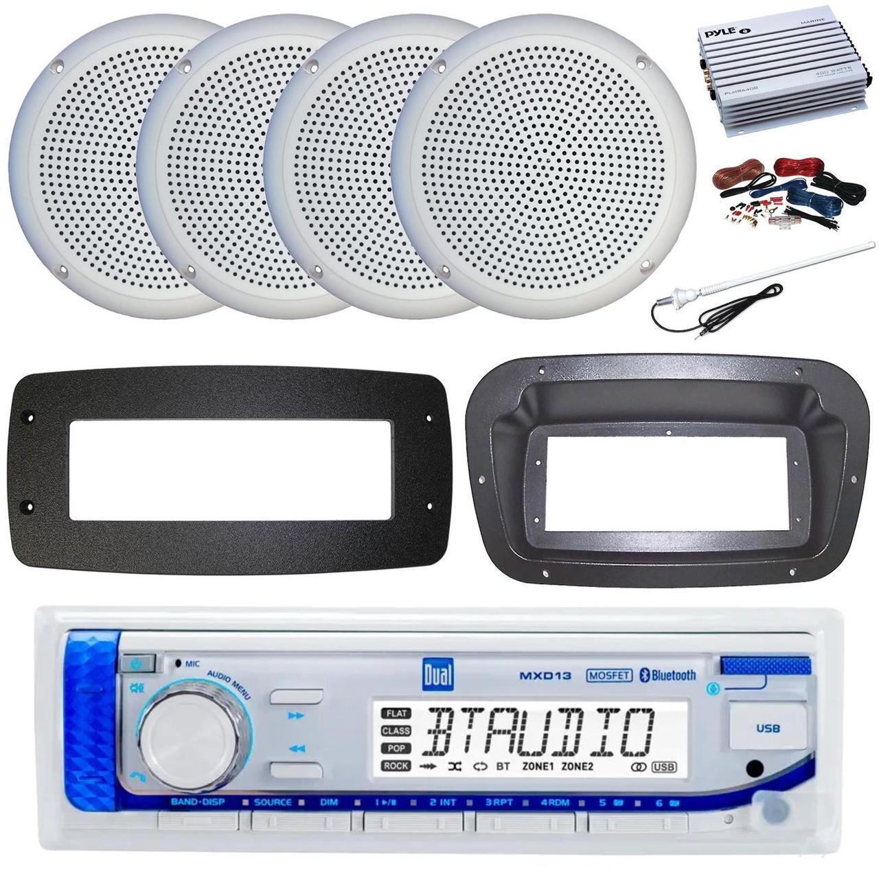 Main image of Dual MXD13 Single DIN Bluetooth Marine MP3 AM/FM Stereo Receiver, Spa bezel, Adapter Plate, 22" Radio Antenna, Wire, 2x 5.25" 400W Max 2-Way Water Resistant Audio Speakers (Silver)