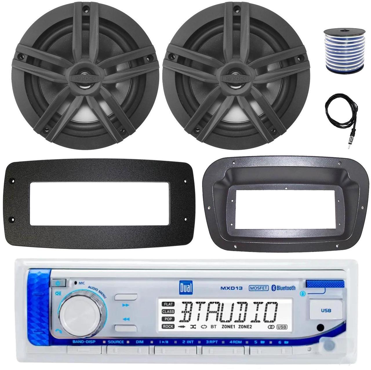 Main image of Dual MXD13 Single DIN Bluetooth Marine MP3 AM/FM Stereo Receiver, Spa bezel, Adapter Plate, 22" Radio Antenna, Wire, 2x 6.5" 120 Watt Peak Multicolor LED Boat Audio Speakers w/Chrome Grilles (Black)