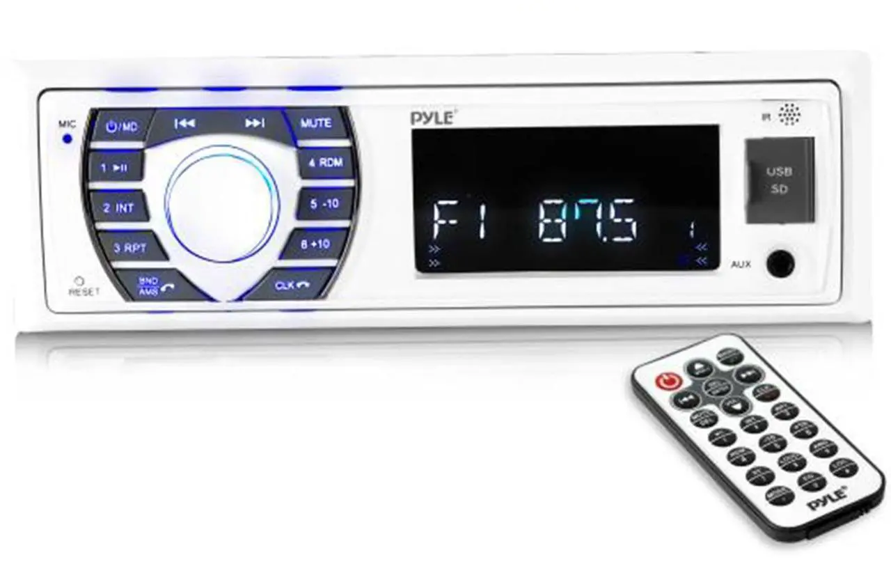 Alt view image 2 of 7 - Pyle PLRMR23BTW Single DIN Bluetooth Marine MP3 Stereo Receiver, Spa bezel, Adapter Plate, Radio Antenna, Wire, 2x 5.25" 600 Watt Max Power Bluetooth Indoor/Outdoor Waterproof Audio Speakers (White)