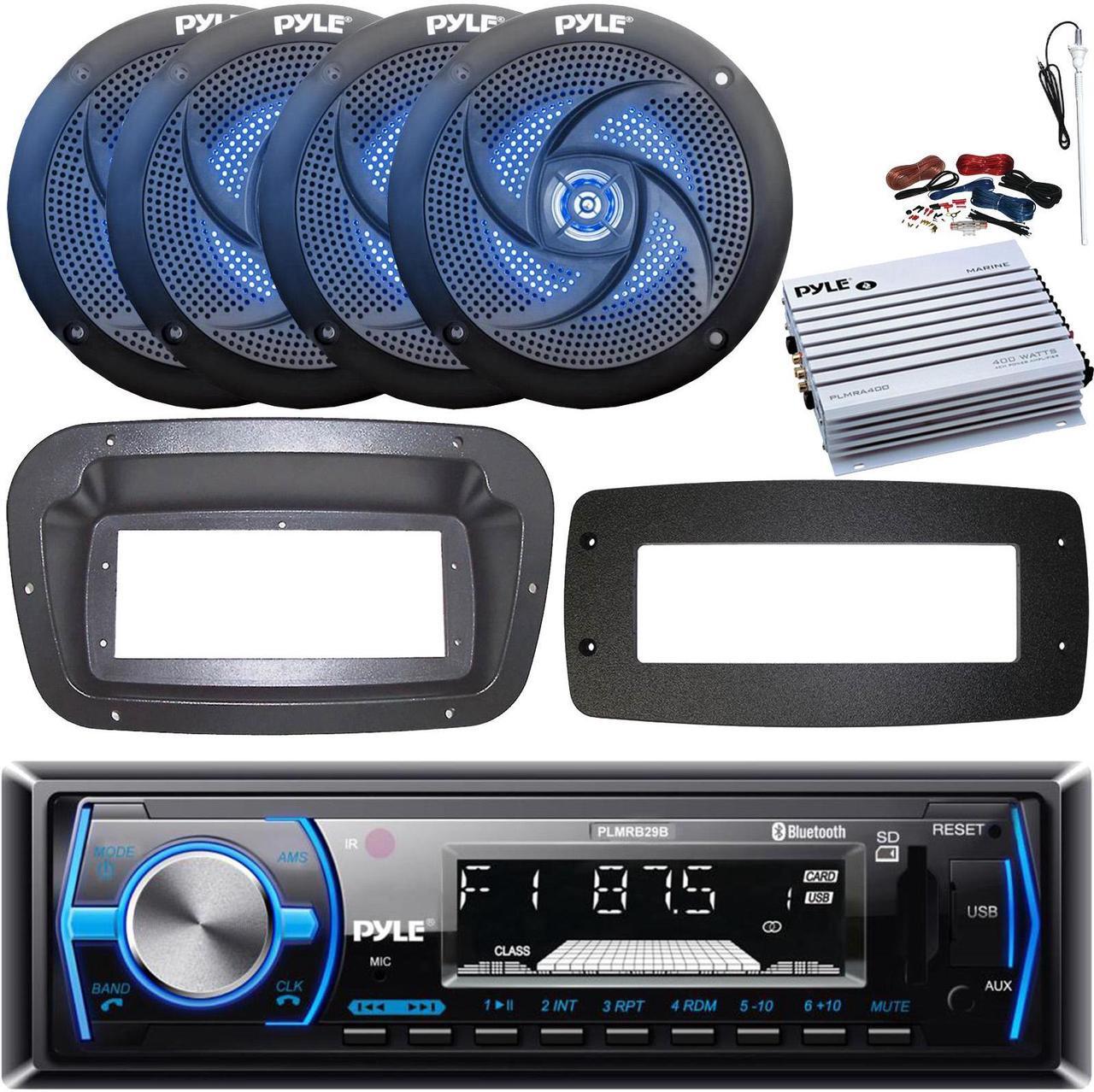 Main image of Pyle PLMRB29B Single-DIN Marine Bluetooth USB/AUX MP3 AM/FM In-Dash Stereo Black Receiver W/Install Kit + Adapter Plate, 4x 4" 100W Max 2-Way Blue LED Boat Speakers, 4 Channel Amplifier W/Kit, Antenna