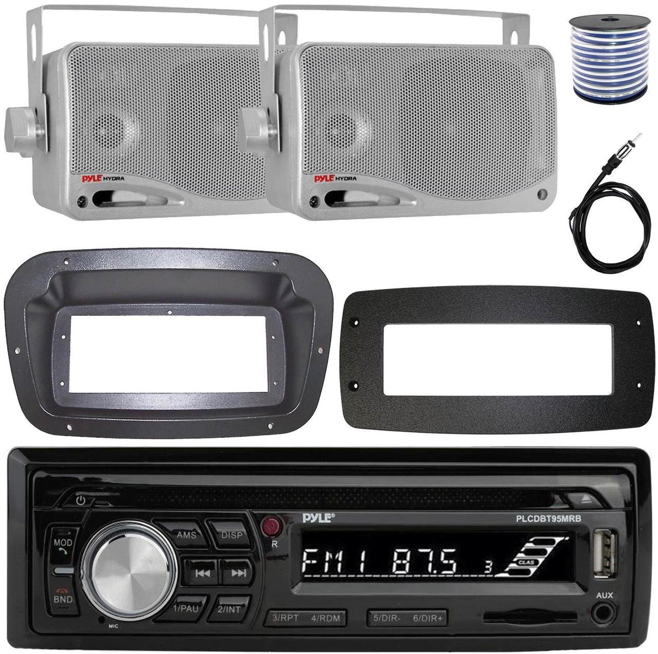 Main image of Pyle PLCDBT95 Single-DIN Bluetooth Marine AUX/USB CD Player/MP3 AM/FM In-Dash Stereo Receiver W/Install Kit + Adapter Plate, 2x 3.5'' 200W Max Power 3-Way Mini Box Silver Speakers W/Wire, 22" Antenna