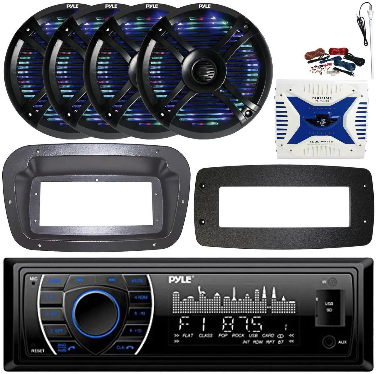 Main image of Pyle PLRMR27BTB Single-DIN Marine Bluetooth USB/AUX MP3 AM/FM Radio Stereo Receiver W/Install Kit + Adapter Plate, 4x 6.5" 250W Max Power RGB LED Speakers, 4 Channel 1000W Max Amplifier W/Kit, Antenna