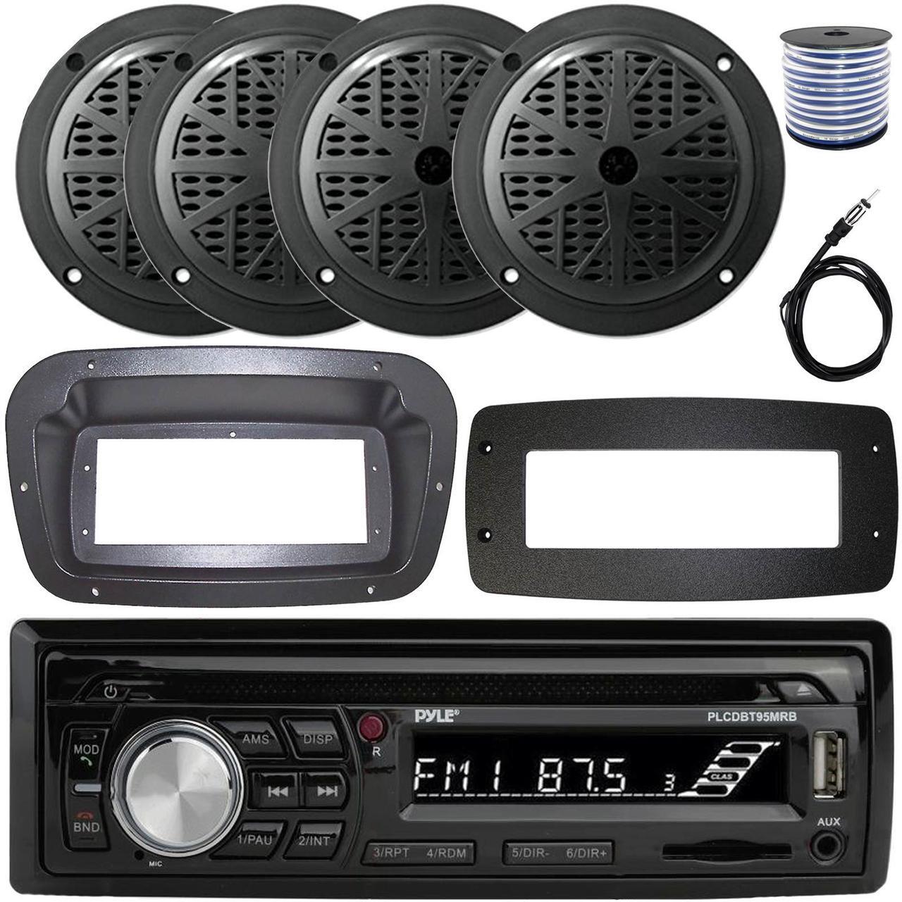 Main image of Pyle PLCDBT95 Single-DIN Bluetooth Marine AUX/USB CD Player/MP3 AM/FM In-Dash Stereo Receiver W/Install Kit + Adapter Plate, 4x 6.5'' 120W Max Power Dual Cone Boat Audio Black Speakers W/Wire, Antenna