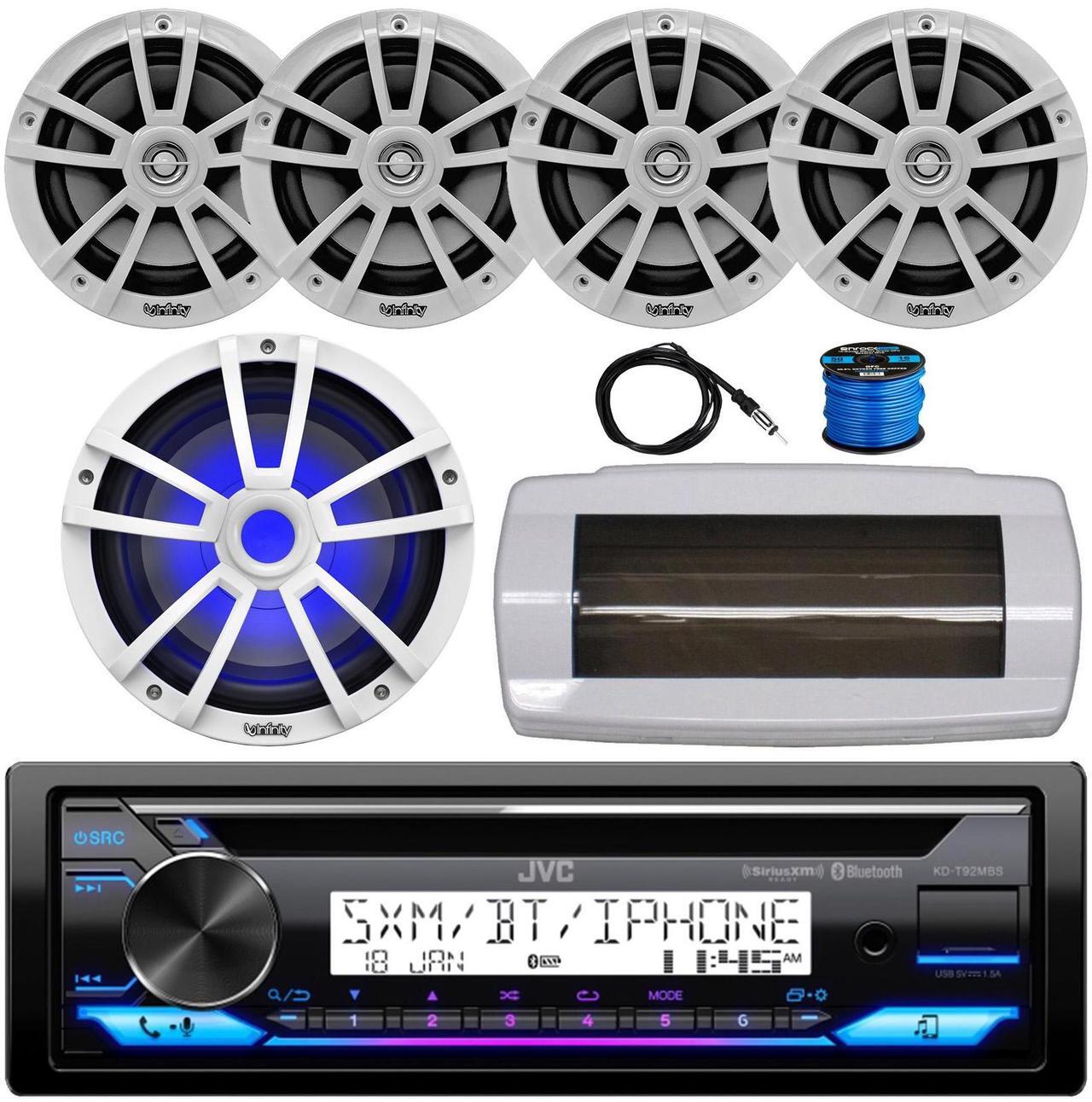 Main image of JVC KD-T92MBS Single-DIN Marine Bluetooth USB/AUX CD Player AM/FM Stereo Receiver W/White Cover, 4x 6.5" 225W Max Power 2-Way Boat Speakers W/50 Feet Wire, 10" Multi-Element RGB LED Subwoofer, Antenna