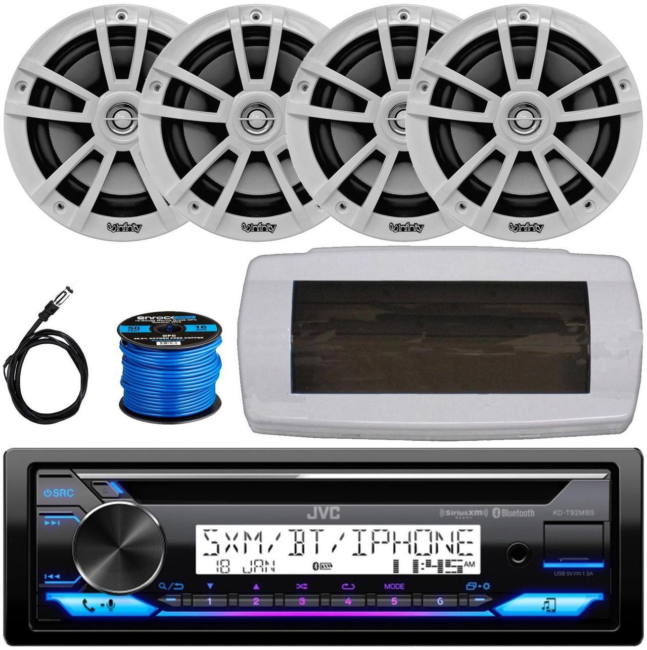 Main image of JVC KD-T92MBS Single-DIN Marine Bluetooth USB/AUX CD Player AM/FM Stereo Receiver W/White Cover, 4x 6.5" 225W Max Power High-Performance 2-Way White Boat Speakers W/50 Feet 16 Gauge Wire, 22" Antenna