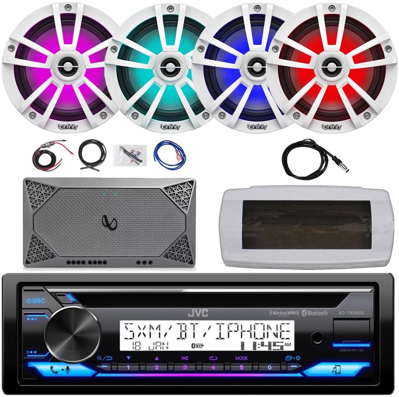 Alt view image 2 of 7 - JVC KD-T92MBS Single-DIN Marine Bluetooth USB/AUX CD Player AM/FM Stereo Receiver W/White Cover, 4x 6.5" 225W Max Power High-Performance 2-Way White Boat Speakers W/50 Feet 16 Gauge Wire, 22" Antenna