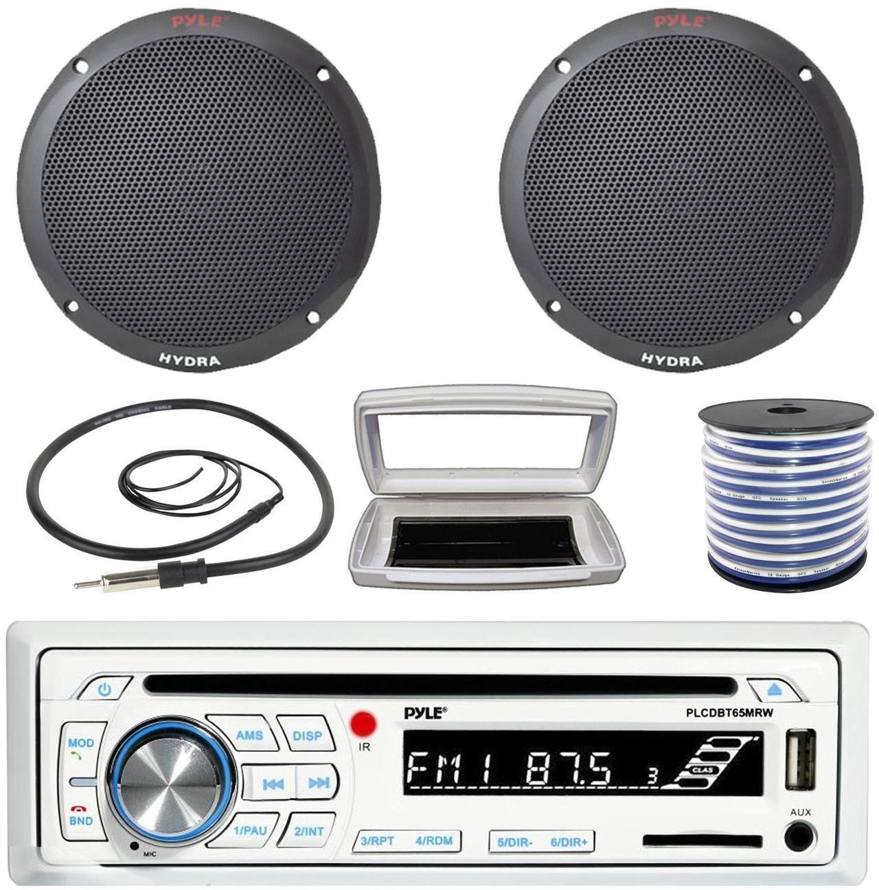 Main image of Pyle PLCDBT65 Single-DIN Marine Bluetooth USB/AUX CD Player AM/FM Stereo Receiver W/White Cover, 2x Pyle PLMR605B 6.5'' 400W Max Power Dual Cone 2-way Full Range Speakers W/50 Feet 18G Wire, Antenna