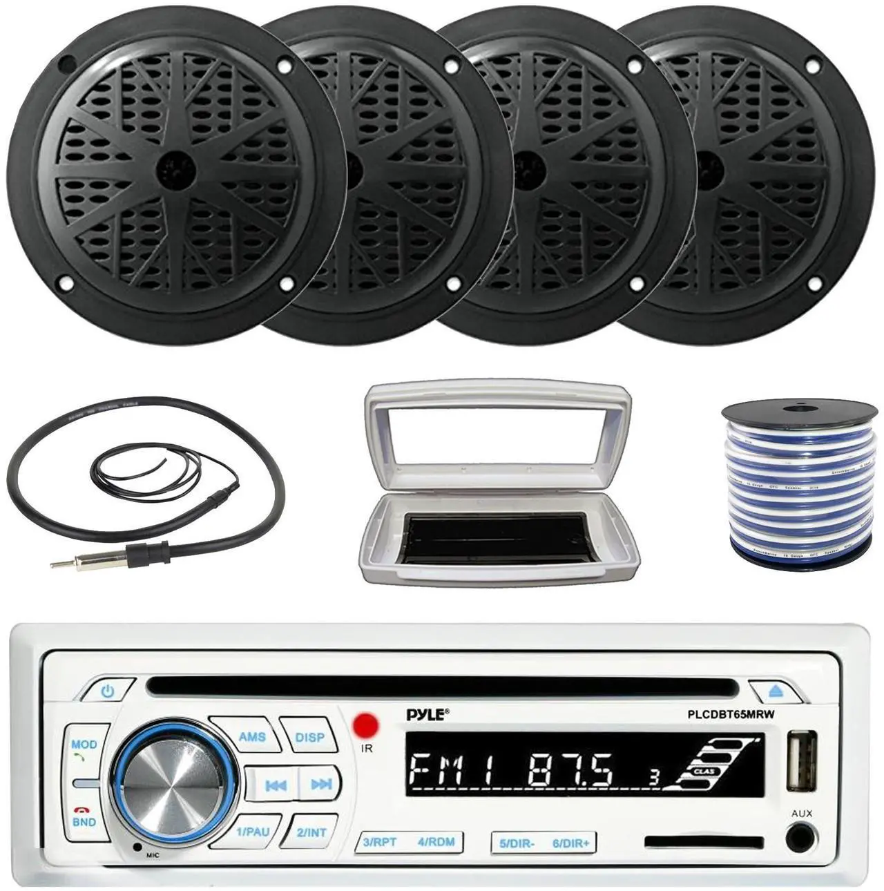 Main image of Pyle PLCDBT65 Single-DIN Marine Bluetooth USB/AUX CD Player AM/FM Stereo Receiver W/White Cover, 4x Pyle PLMR61B 6.5'' 120W Max Power Dual Cone Boat Audio Black Speakers W/50 Feet 18G Wire, Antenna