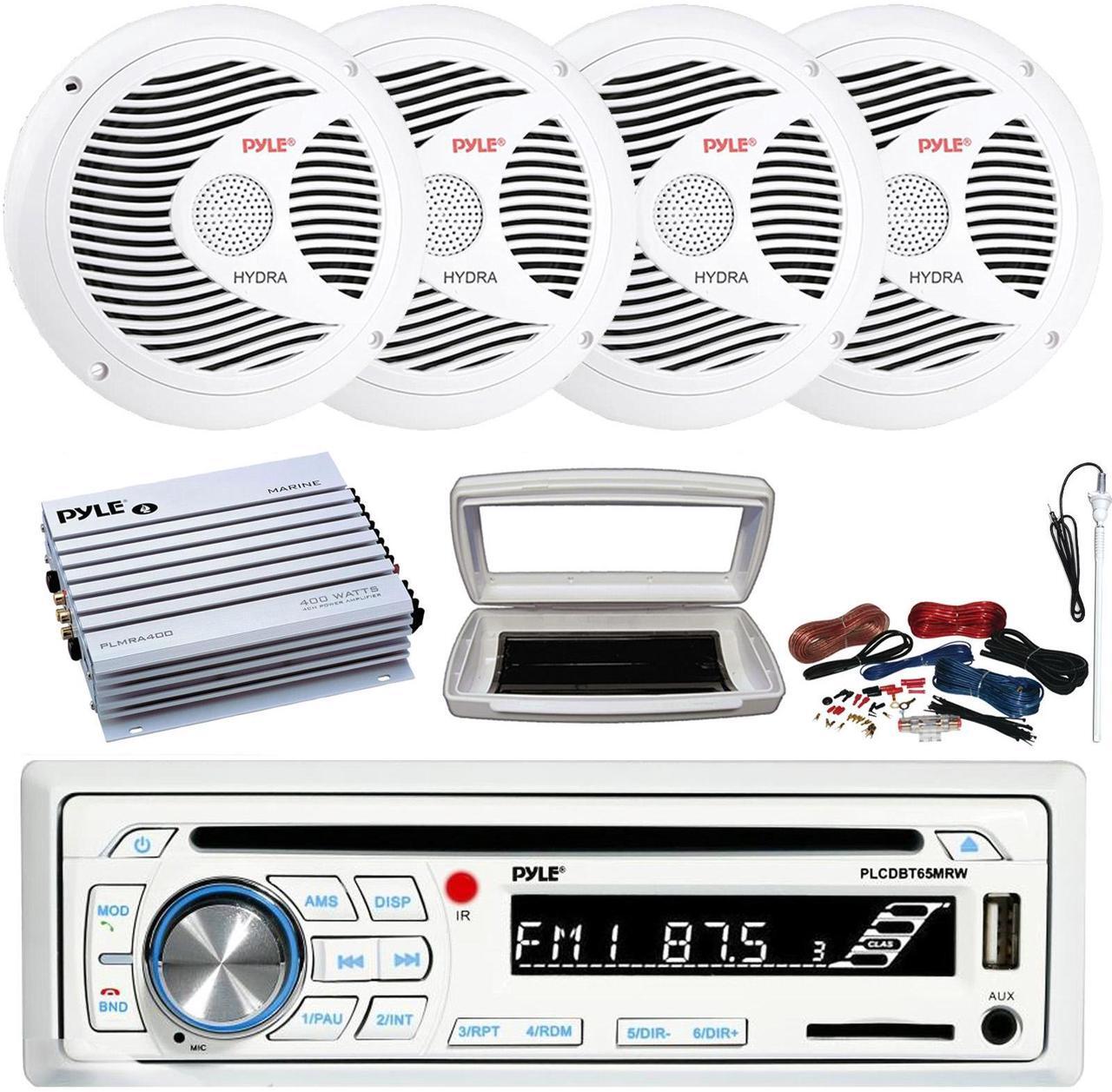 Main image of Pyle PLCDBT65 Single-DIN Marine Bluetooth USB/AUX CD Player AM/FM Stereo Receiver W/White Cover, 4x 6.5" 150W Max Power Full Range Dual Cone White Speakers, 4 Channel 400W Max Amplifier W/Kit, Antenna