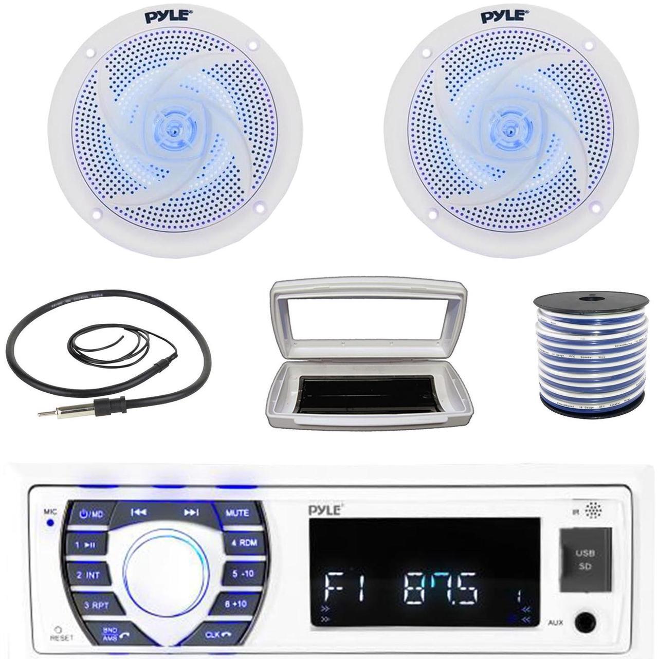 Main image of Pyle PLRMR23BTW Single-DIN Bluetooth Marine USB/AUX MP3/SD AM/FM Radio Stereo Receiver W/White Cover, 2x 5.25" 180W Max Power 2-Way Low Profile Blue LED White Speakers W/50 Feet Wire, Radio Antenna