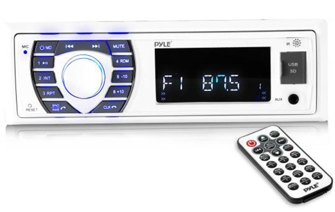 Alt view image 2 of 7 - Pyle PLRMR23BTW Single-DIN Bluetooth Marine USB/AUX MP3/SD AM/FM Radio Stereo Receiver W/White Cover, 2x 5.25" 180W Max Power 2-Way Low Profile Blue LED White Speakers W/50 Feet Wire, Radio Antenna