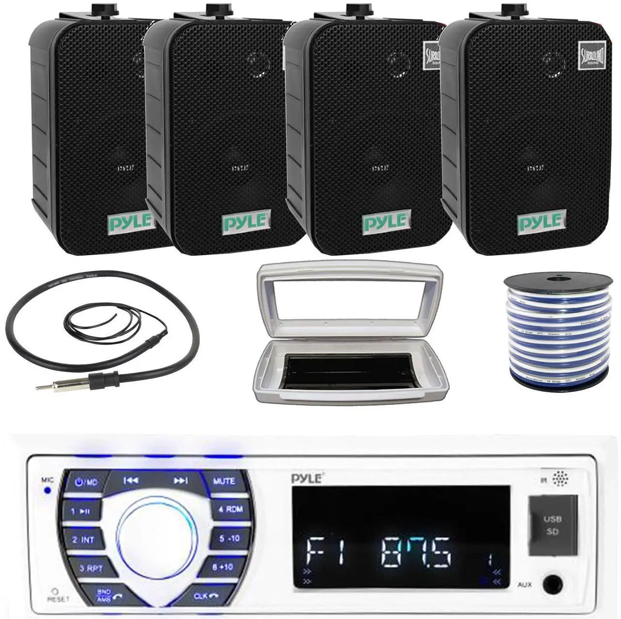 Main image of Pyle PLRMR23BTW Single-DIN Bluetooth Marine USB/AUX MP3/SD AM/FM Radio Stereo Receiver W/White Cover, 4x 5.25" 400W Max Power Indoor/Outdoor Black Waterproof Speakers W/50 Feet Wire, Radio Antenna
