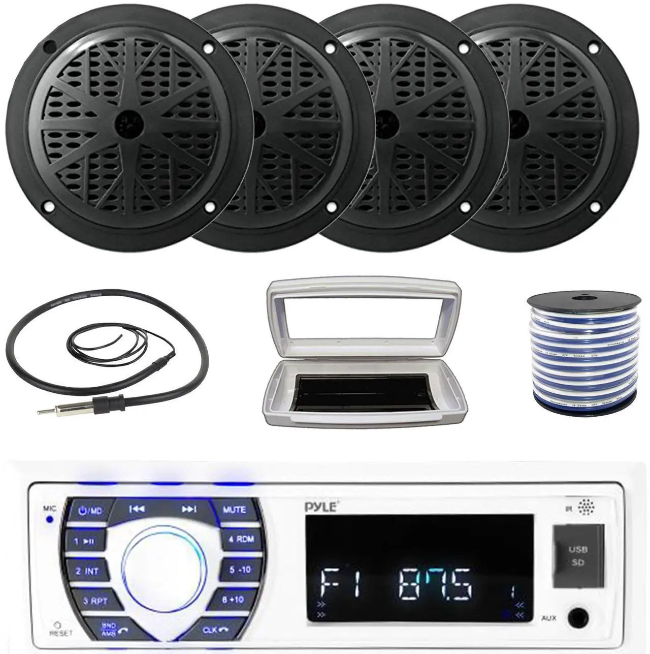 Main image of Pyle PLRMR23BTW Single-DIN Bluetooth Marine USB/AUX MP3/SD AM/FM Radio Stereo Receiver W/White Cover, 4x Pyle PLMR61B 6.5'' 120W Max Power Dual Cone Boat Audio Black Speakers W/50 Feet Wire, Antenna