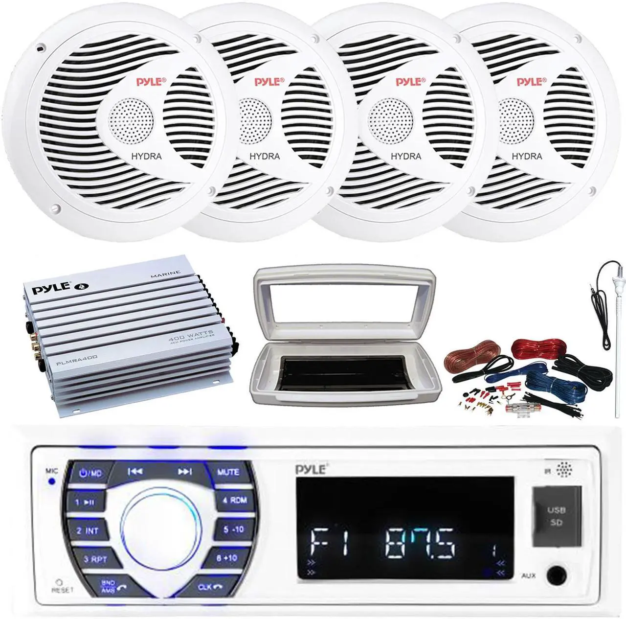 Alt view image 2 of 7 - Pyle PLRMR23BTW Single-DIN Bluetooth Marine USB/AUX MP3/SD AM/FM Radio Stereo Receiver W/White Cover, 4x Pyle PLMR61B 6.5'' 120W Max Power Dual Cone Boat Audio Black Speakers W/50 Feet Wire, Antenna