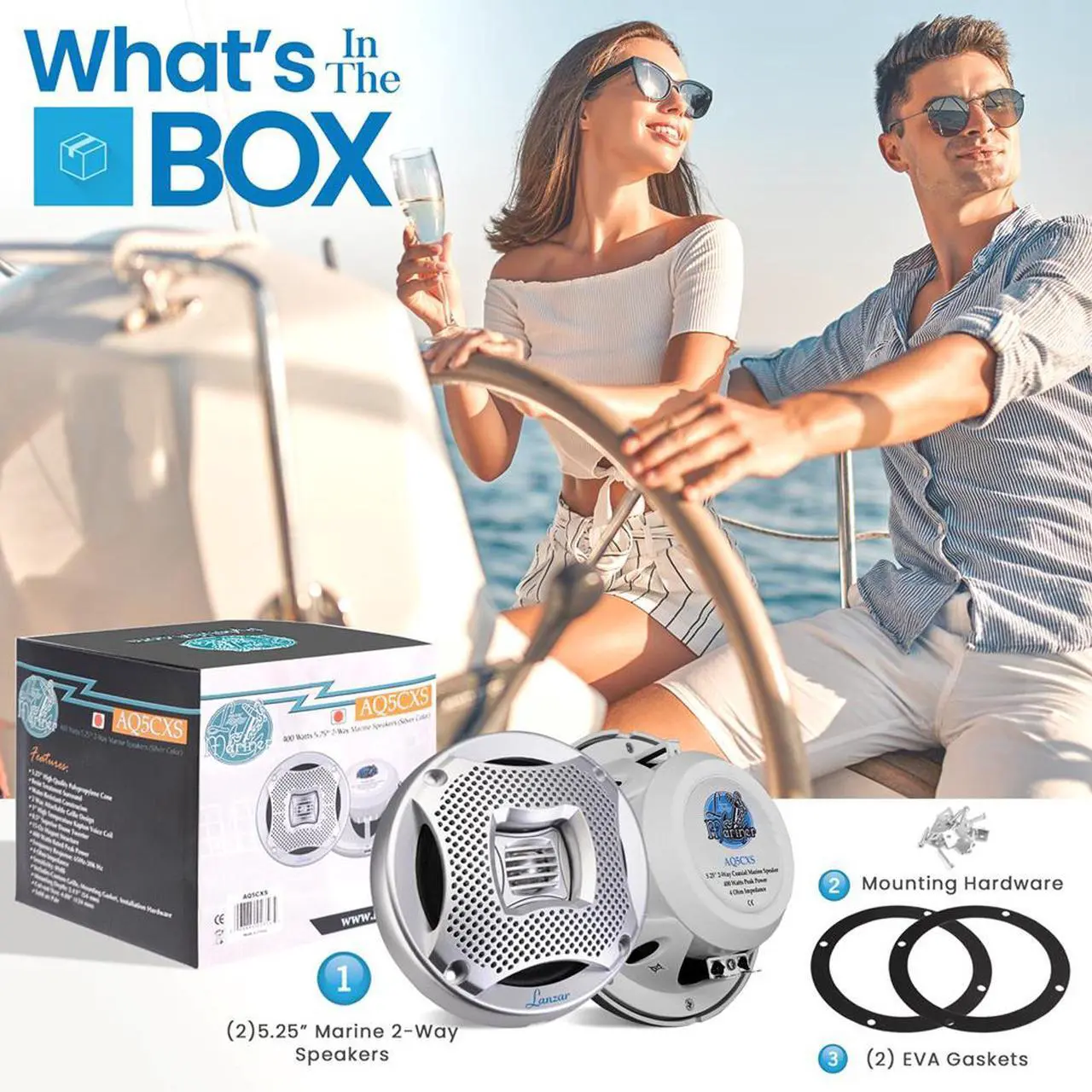 Alt view image 4 of 7 - Pyle PLRMR23BTW Single-DIN Bluetooth Marine USB/AUX MP3/SD AM/FM Radio Stereo Receiver W/White Cover, 4x 5.25 200W Max Power Water Resistant 2-Way Silver Speakers, 4 Channel Amplifier W/Kit, Antenna