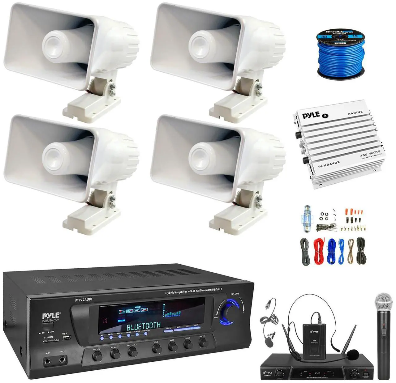 Main image of Enrock Home Theater 4-Channel 300W Bluetooth AM/FM Amplifier Receiver, Wireless 2-Channel Microphone System, Amplifier w/Kit, 4x 6" 50 Watt Indoor/Outdoor Portable PA Horn Speakers w/Wire