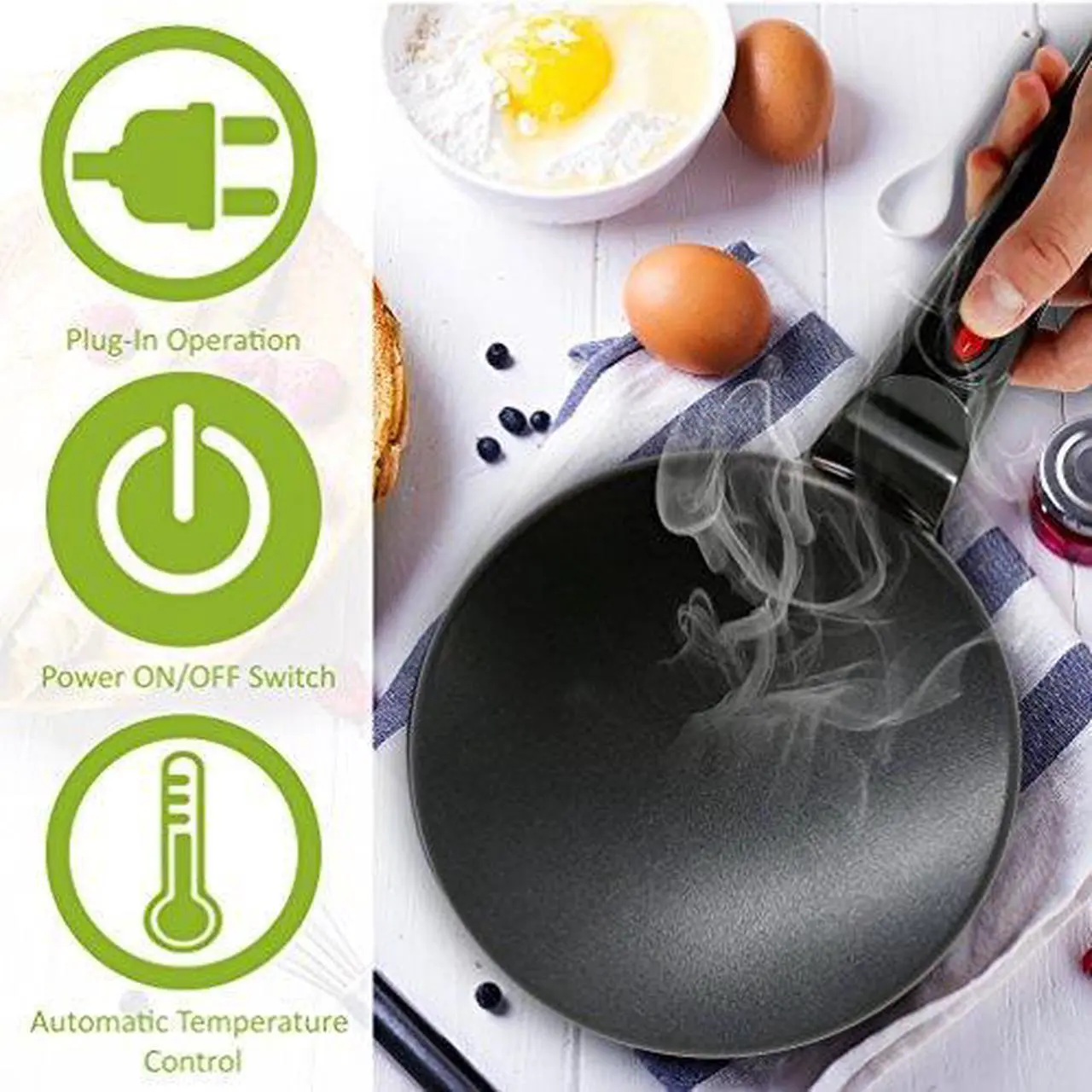 Alt view image 4 of 19 - NutriChef Electric Griddle - Pan Style Crepe Maker Hot Plate Cooktop with ON/OFF Switch, Nonstick Coating, Automatic Temperature Control & Plug-in Operation for Kitchen & Countertop (PKCRM08)