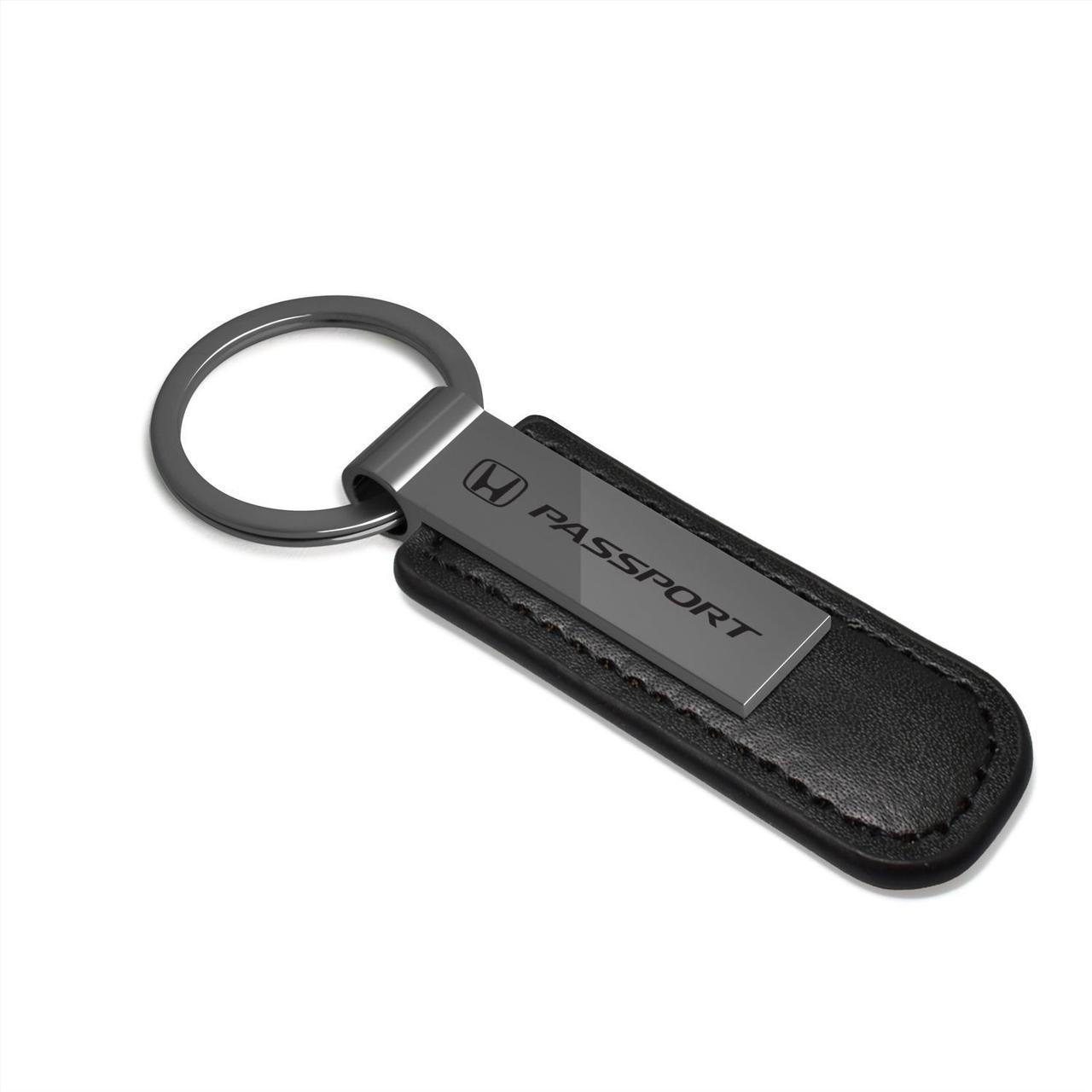 Alt view image 2 of 5 - Honda Passport Gunmetal Black Metal Plate PU Leather Strap Key Chain