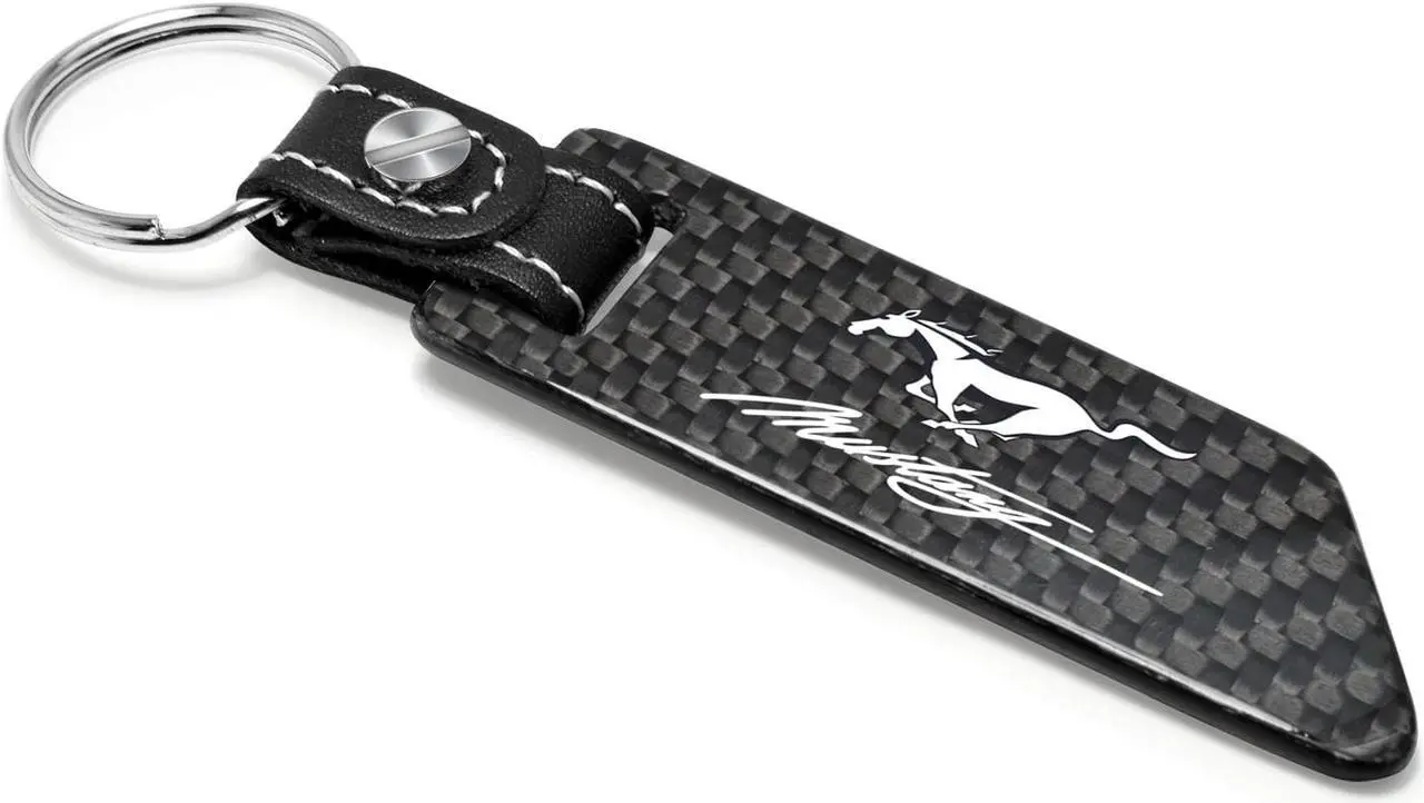 Alt view image 2 of 6 - Ford Mustang Script Real Carbon Fiber Blade Style Black Leather Strap Key Chain