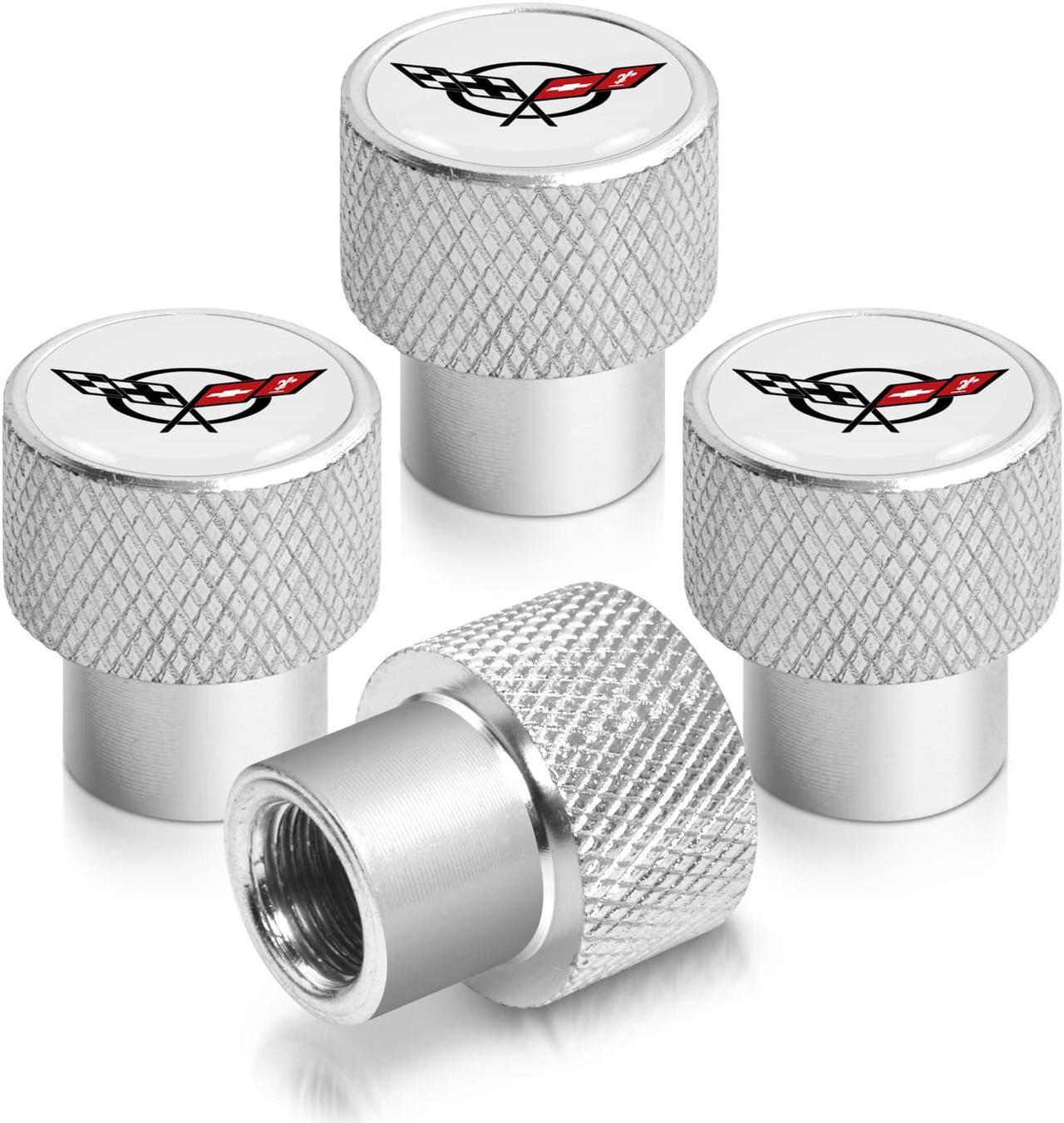Main image of Chevrolet Corvette C5 Logo White on Shining Silver Aluminum Tire Valve Stem Caps